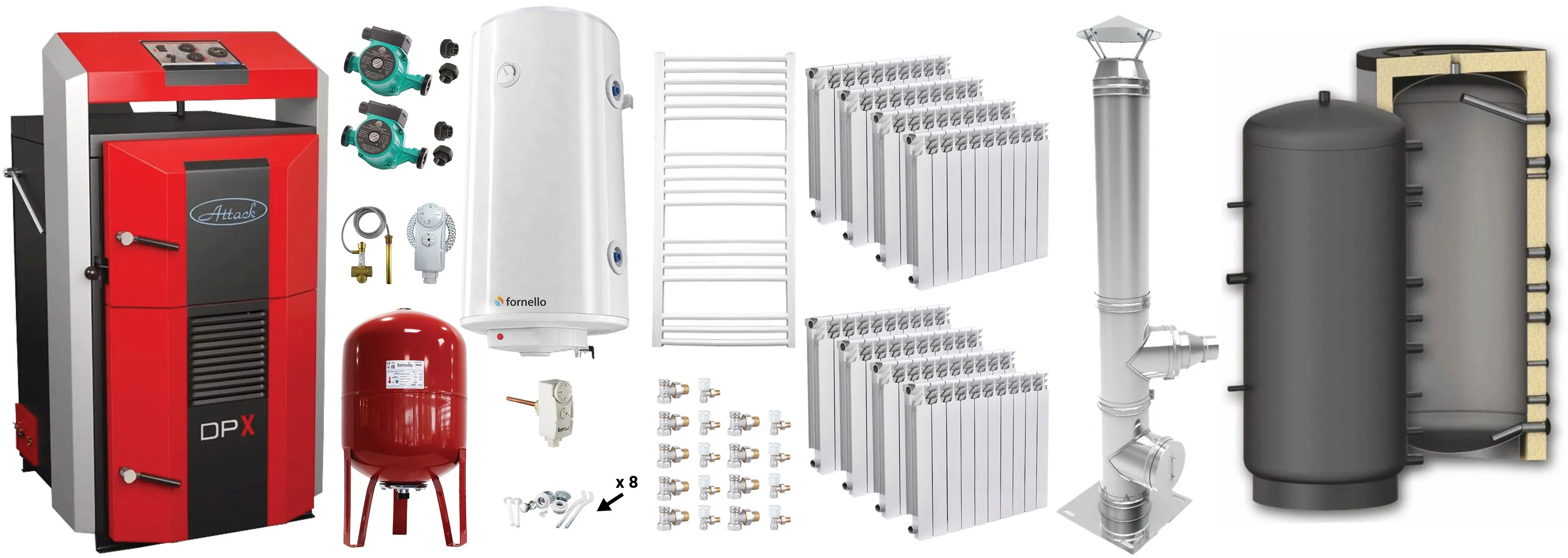 Pachet basic Cazan (centrala) pe combustibil solid, Attack DPX Standard cu gazeificare, 45 kW, Puffer 1000 litri, calorifere aluminiu Fornello Alvo, cos inox, boiler, vas expansiune, 2 pompe circulare, vana sts, termostat imersie si termostat contact