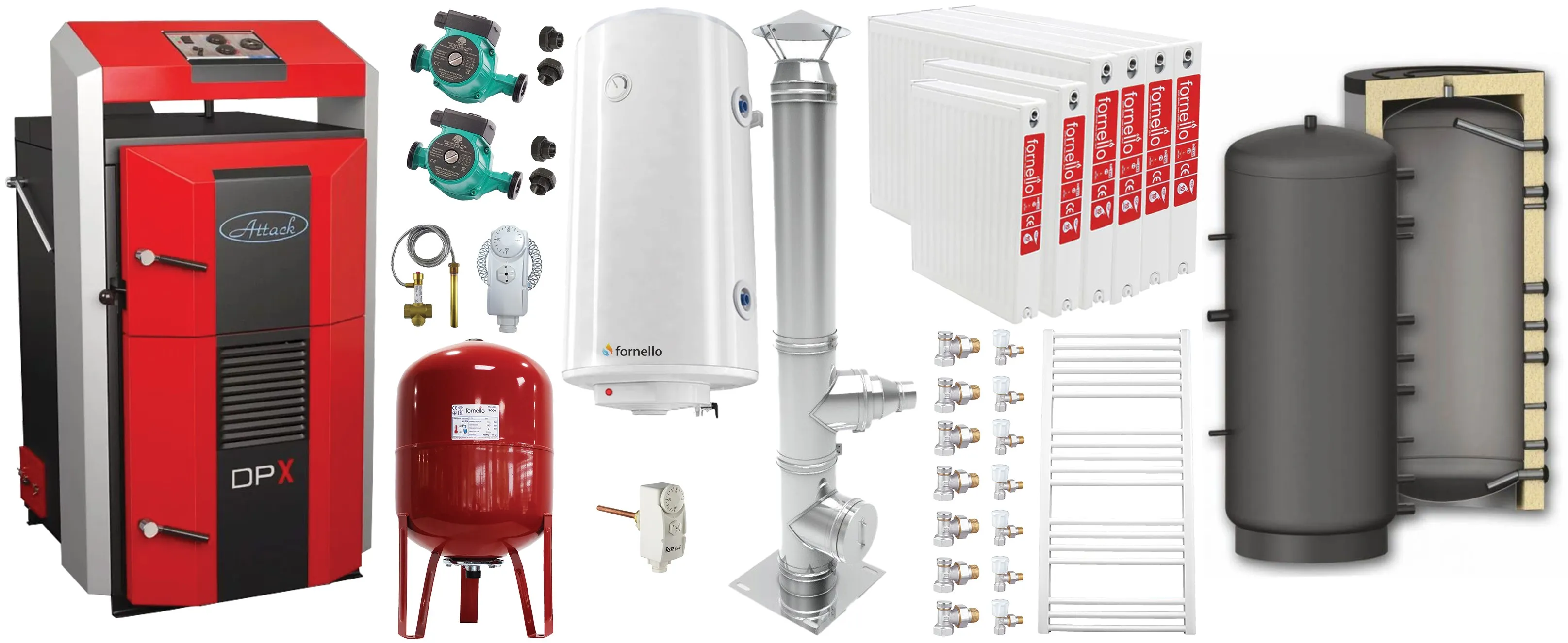 Pachet basic Cazan (centrala) pe combustibil solid, Attack DPX Standard cu gazeificare, 45 kW, Puffer 1000 litri, calorifere otel, cos inox, boiler, vas expansiune, 2 pompe circulare, vana sts, termostat imersie si termostat contact