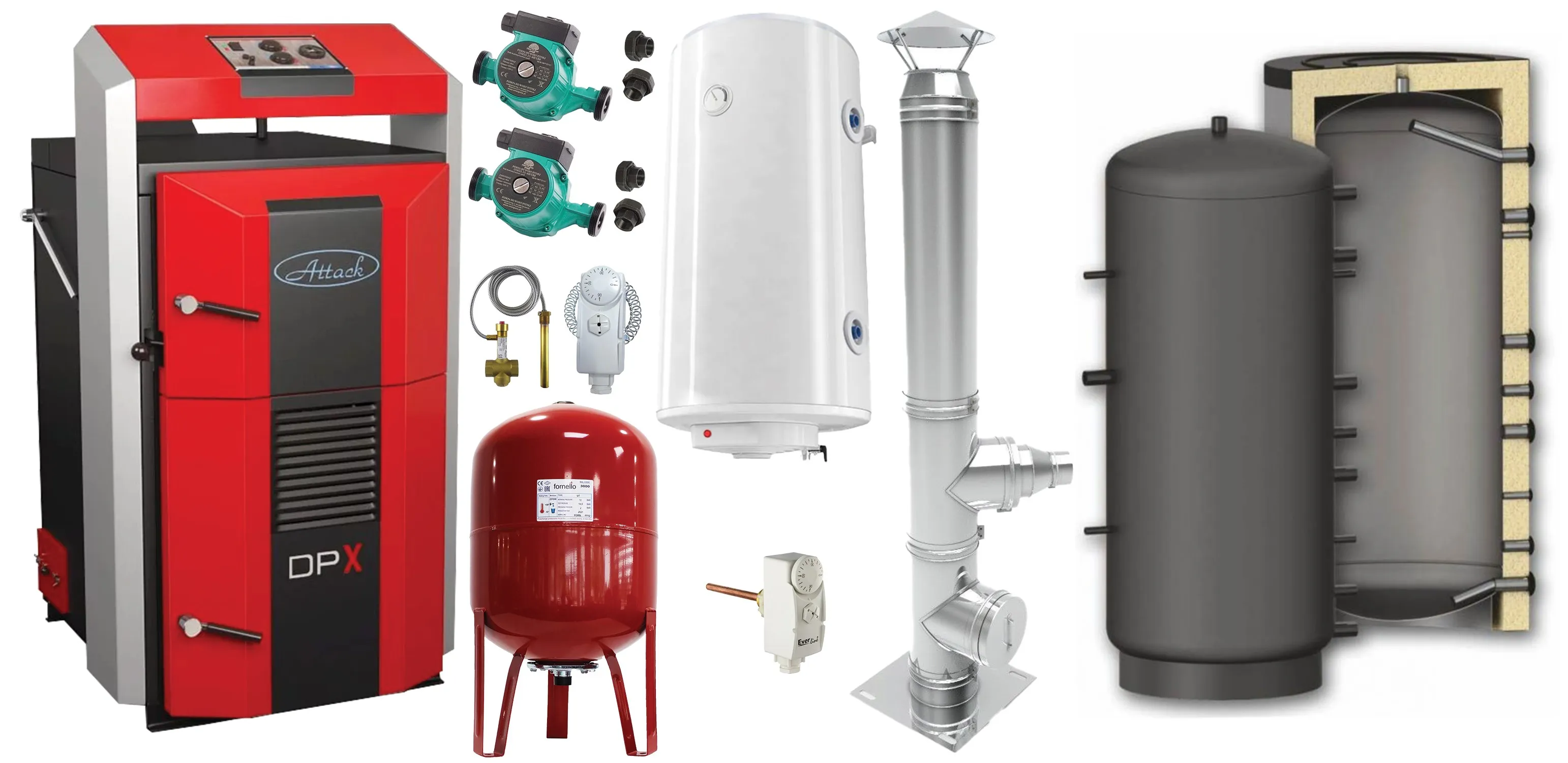 Pachet basic Cazan (centrala) pe combustibil solid, Attack DPX Standard cu gazeificare, 45 kW, Puffer 1000 litri, cos inox, boiler, vas expansiune, 2 pompe circulare, vana sts, termostat imersie si termostat contact
