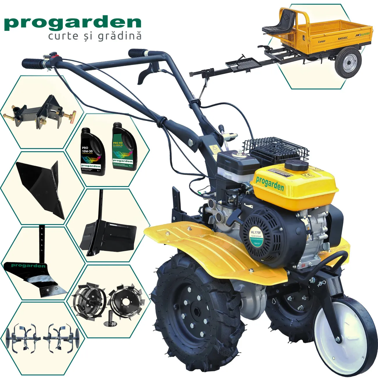 Pachet Campo 703 Motocultor 7CP + Remorca RM500C + Plug simplu + 2xPlug bilonat/rarita + Adaptor + 2 Roti metalice 350x6 + 2L Ulei, PROGARDEN