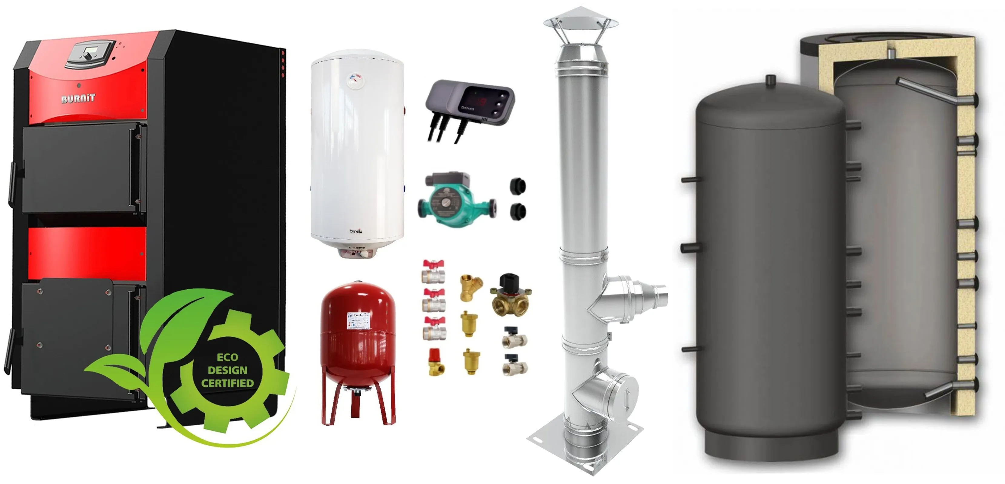 Pachet Centrala combustibil solid ​Sunsystem Burnit NWB PRIME 30 kW, puffer, cos inox, boiler termoelectric, vas expansiune, pompa circulare, controller pompa, fitinguri montaj