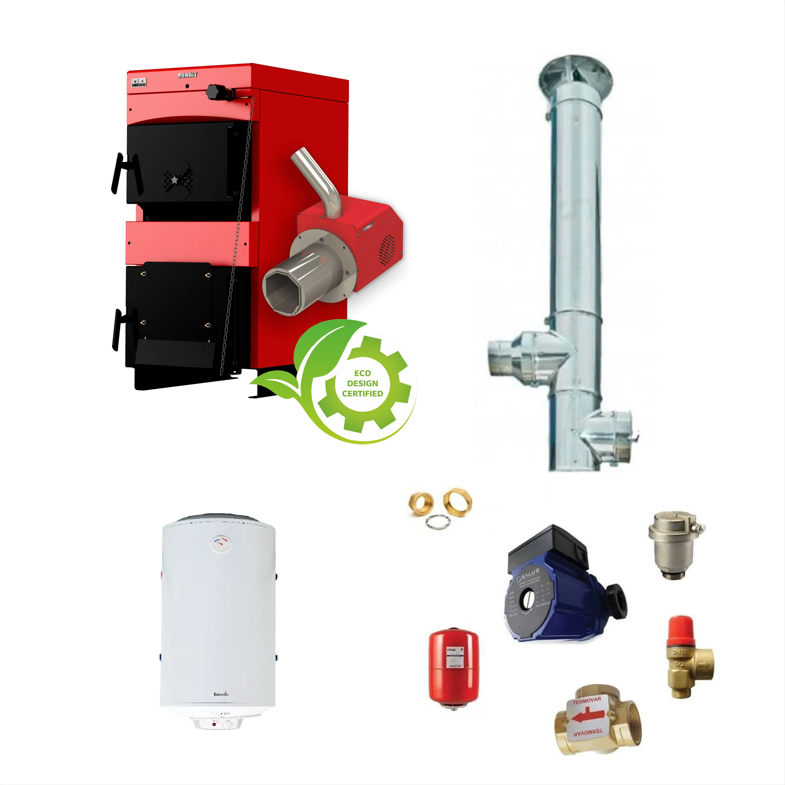 Pachet Centrala mixta combustibil solid si peleti Burnit NWB MAX 55 kW si Arzator pe peleti Pell Eco 35 kW, boiler Fornello 100 l, pompa 25-60, vas expansiune, supapa, aerisitor, termostat de contact, vana 3 cai, cos inox diametru 200 mm dublu perete