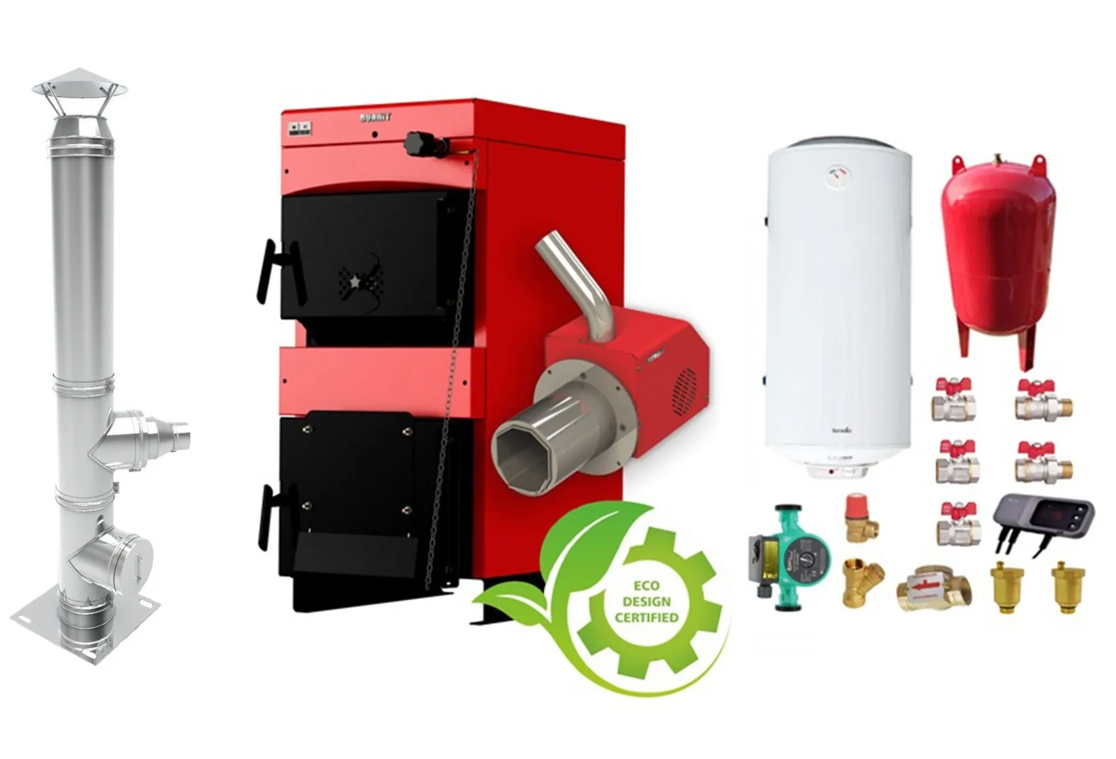 Pachet Centrala mixta combustibil solid si peleti Burnit NWB MAX 55 kW si Arzator pe peleti Pell Eco 35 kW, cos inox, pompa circulatie evp 25-60, vas expansiune 50 l, boiler termoelectric Fornello 120 l si fitinguri montaj