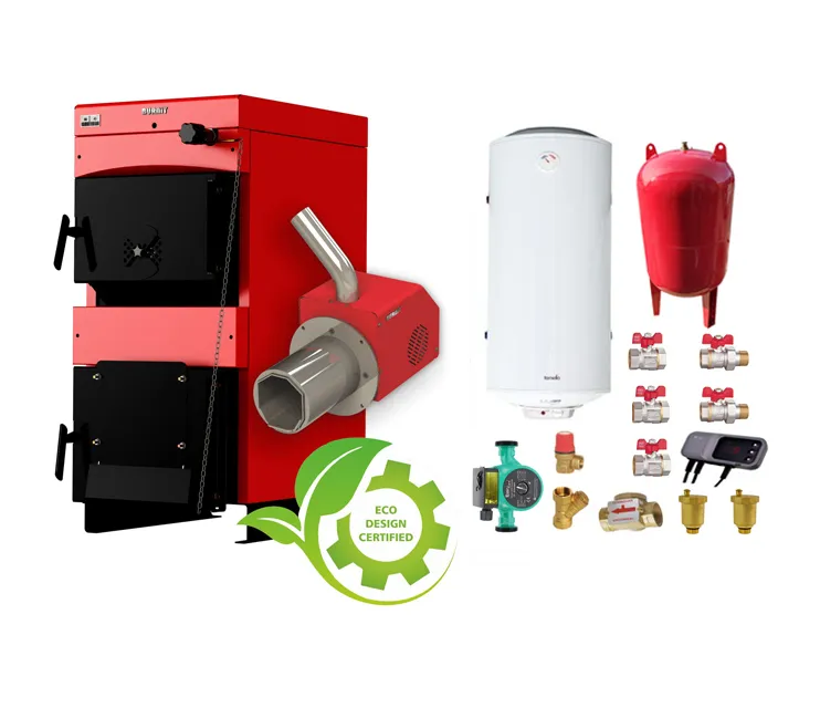 Pachet Centrala mixta combustibil solid si peleti Burnit NWB MAX 55 kW si Arzator pe peleti Pell Eco 35 kW, pompa circulatie evp 25-60, vas expansiune 50 l, boiler termoelectric Fornello 120 l si fitinguri montaj