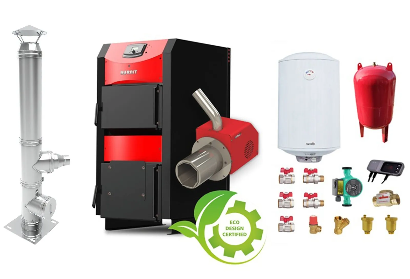 Pachet Centrala mixta combustibil solid si peleti Burnit NWB PRIME 30 kW si Arzator pe peleti Pell Eco 35 kW, cos inox, ventilator, automatizare, serpentina racire, flansa arzator, pompa circulatie 25-60, vas expansiune 35 l, boiler termoelectric For
