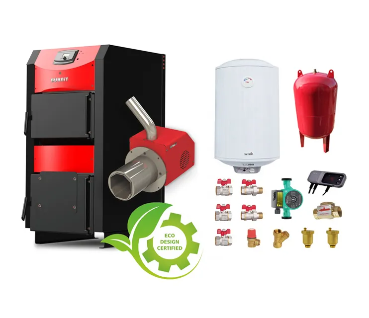Pachet Centrala mixta combustibil solid si peleti Burnit NWB PRIME 30 kW si Arzator pe peleti Pell Eco 35 kW, ventilator, automatizare, serpentina racire, flansa arzator, pompa circulatie 25-60, vas expansiune 35 l, boiler termoelectric Fornello 80 l
