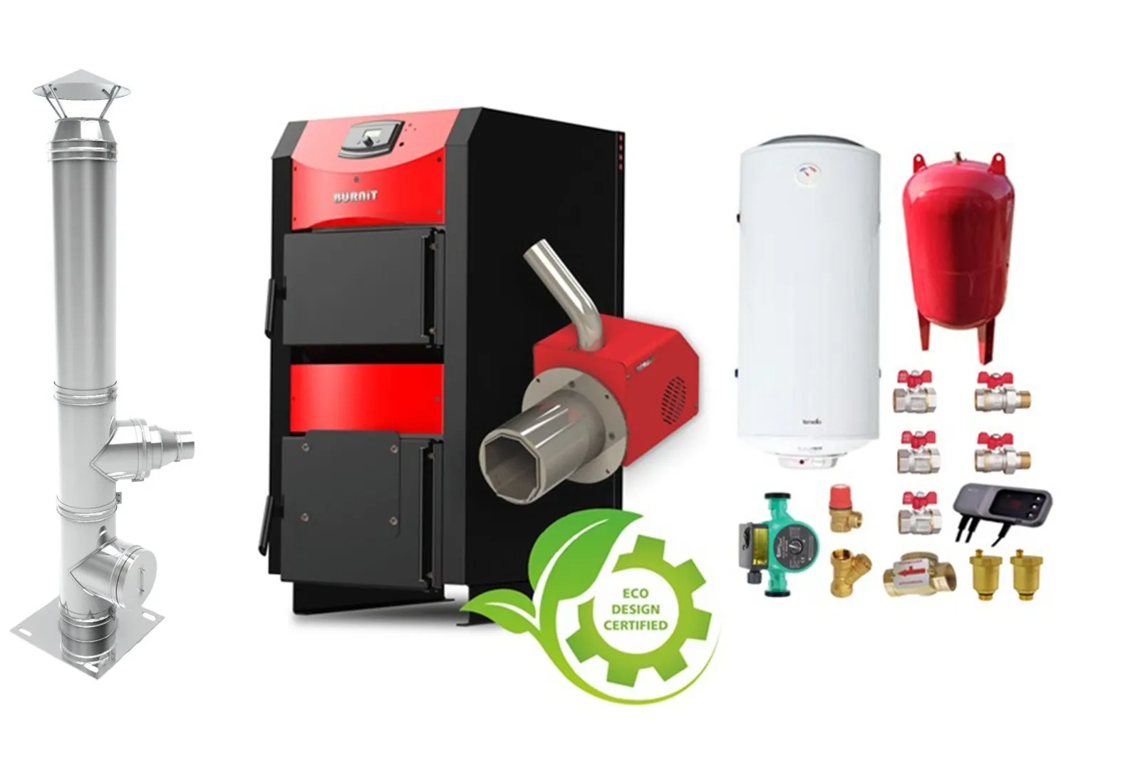 Pachet Centrala mixta combustibil solid si peleti Burnit NWB PRIME 50 kW si Arzator pe peleti Pell Eco 35 kW, cos inox, ventilator, automatizare, serpentina racire, flansa arzator, pompa circulatie 25-60, vas expansiune 50 l, boiler termoelectric