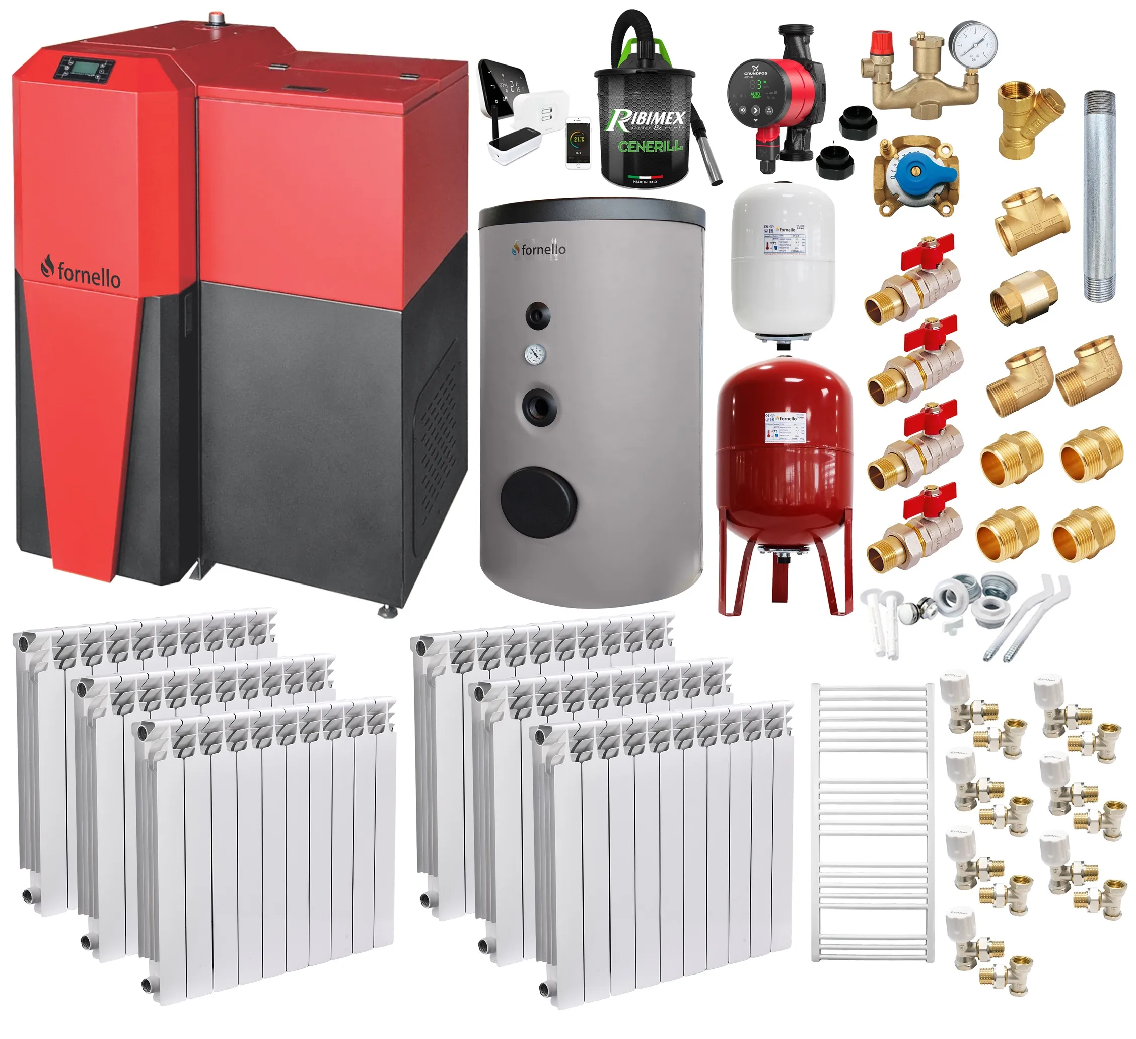 Pachet Centrala mixta Lemn/Pelet Fornello Tera 28 kW, boiler de sol, calorifere aluminiu, termostat, aspirator, pompa, vas expansiune, fitinguri, aprindere automanta la peleti, buncar peleti 95 kg, creuzet fonta, pentru 180 mp