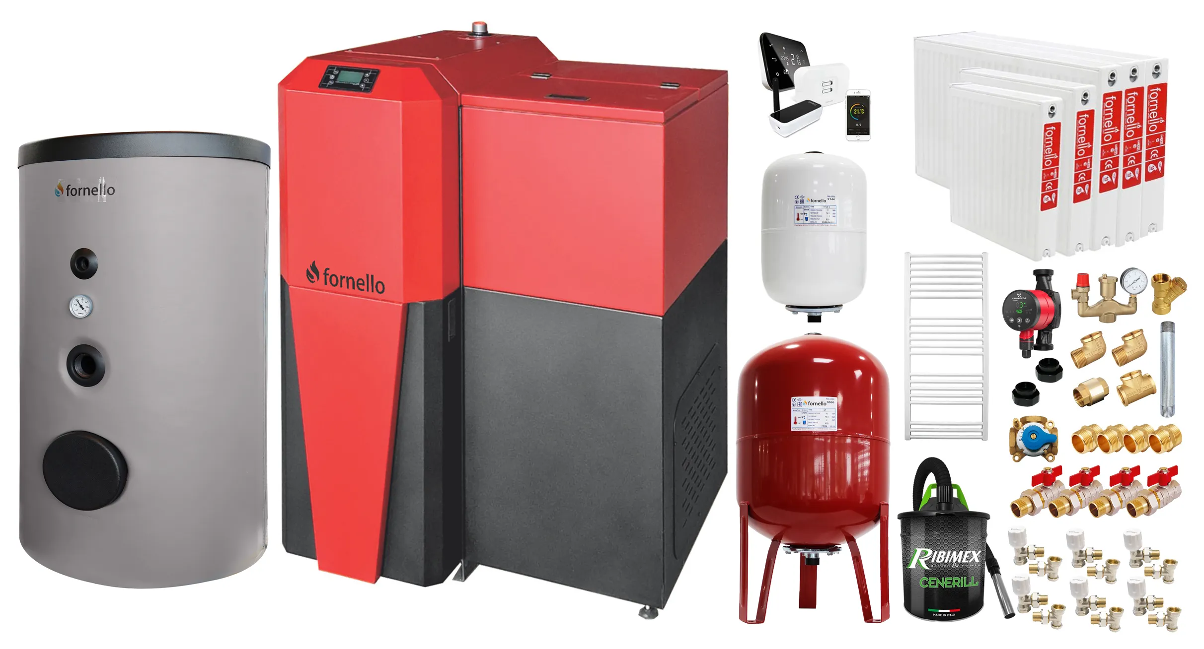 Pachet Centrala mixta Lemn/Pelet Fornello Tera 28 kW, boiler de sol, calorifere otel, termostat, aspirator, pompa, vas expansiune, fitinguri, aprindere automanta la peleti, buncar peleti 95 kg, creuzet fonta, curatarea facila, pentru 180 m