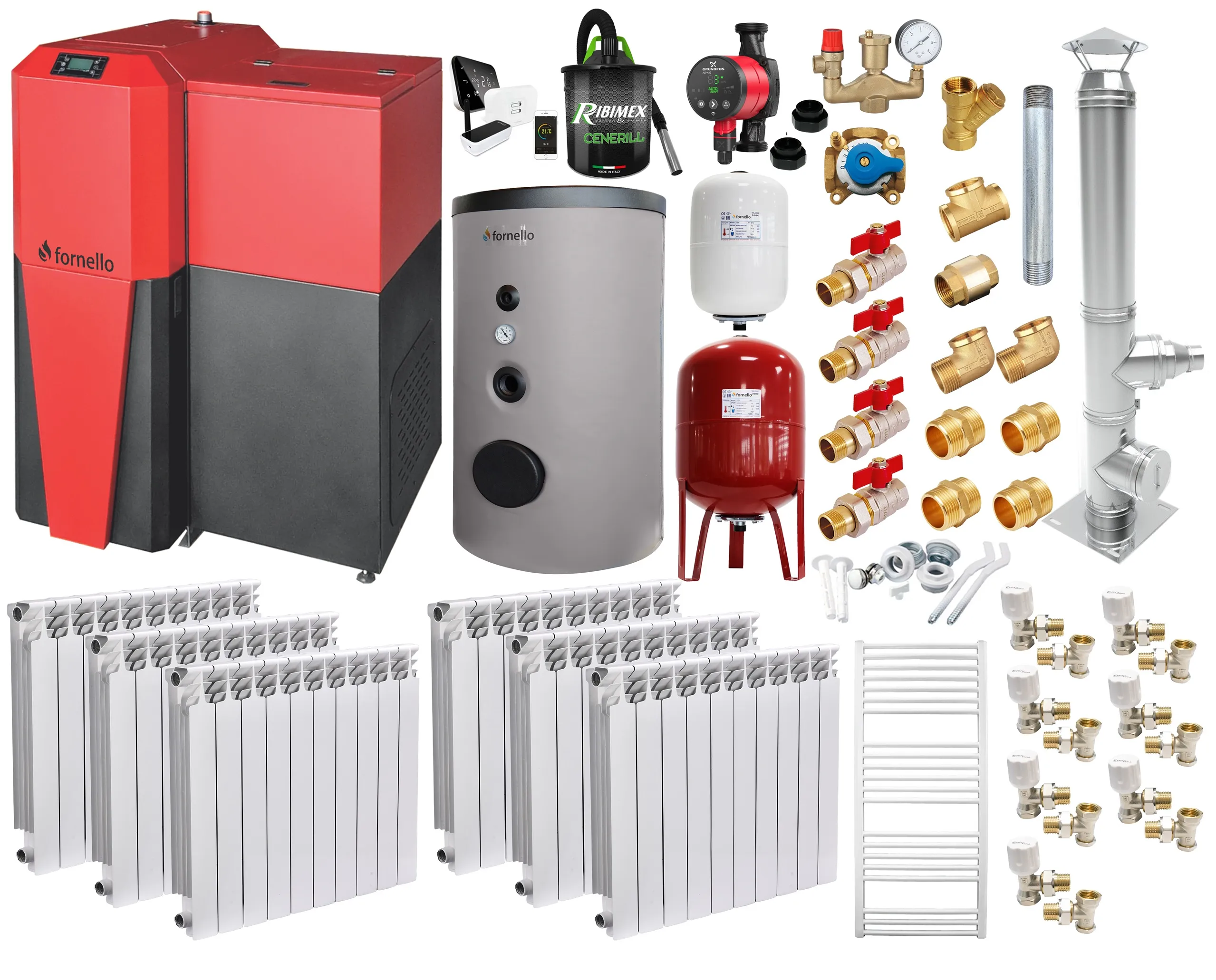 Pachet Centrala mixta Lemn/Pelet Fornello Tera 28 kW, boiler de sol, cos inox, calorifere aluminiu, termostat, aspirator, pompa, vas expansiune, fitinguri, aprindere automanta la peleti, buncar peleti 95 kg, creuzet fonta, pentru 180 mp