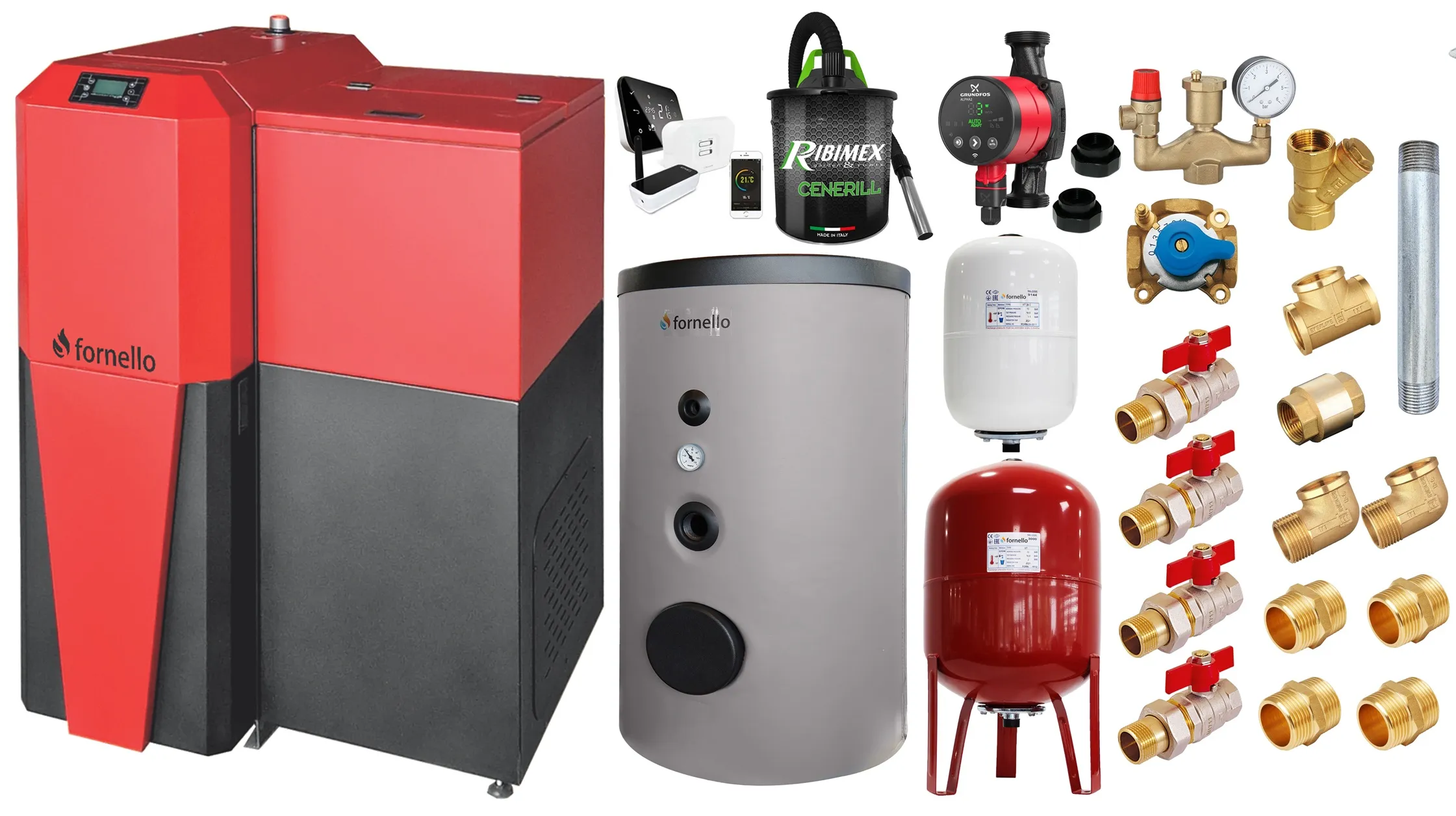 Pachet Centrala mixta Lemn/Pelet Fornello Tera 28 kW, boiler de sol, termostat, aspirator, pompa, vas expansiune, fitinguri, aprindere automanta la peleti, buncar peleti 95 kg, creuzet fonta, curatarea facila, pentru 180 mp