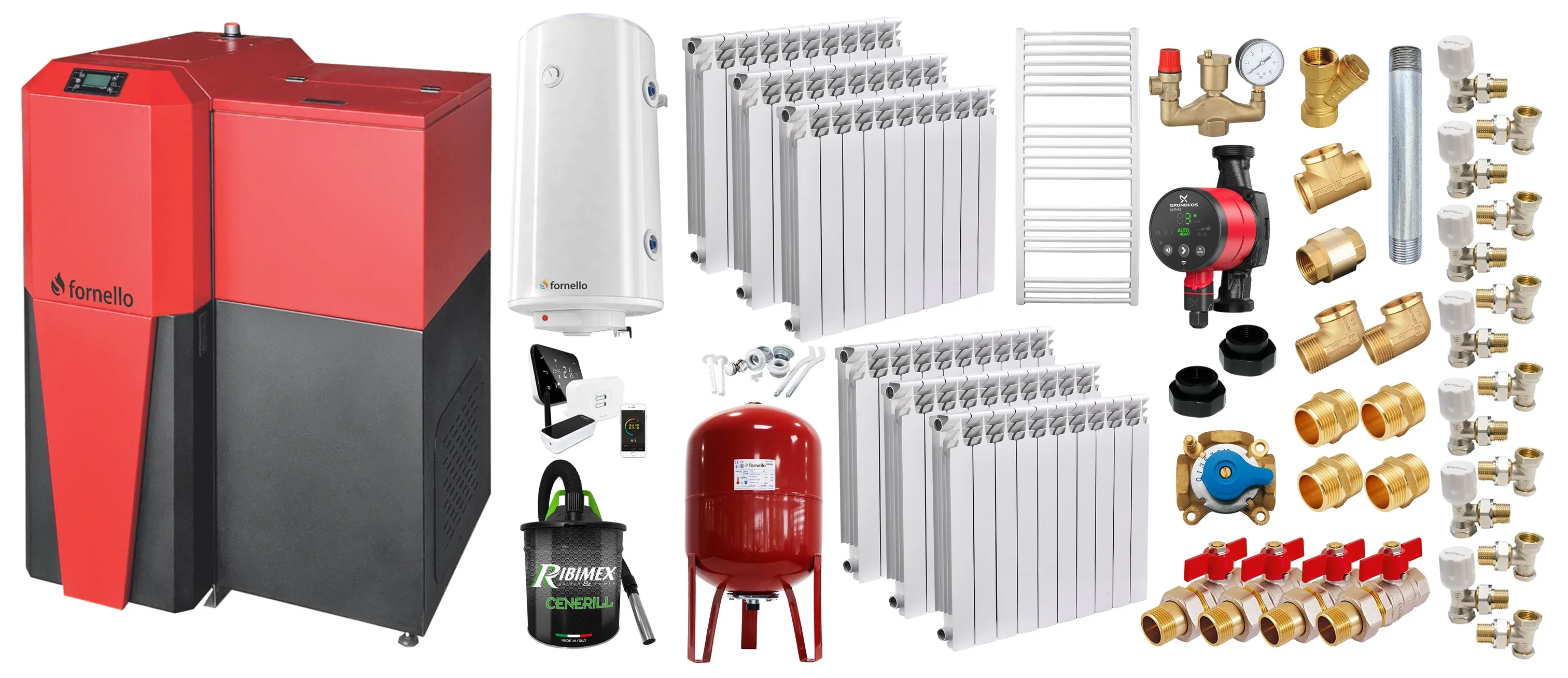 Pachet Centrala mixta Lemn/Pelet Fornello Tera 28 kW, calorifere aluminiu, boiler, termostat, aspirator, pompa, vas expansiune, fitinguri, aprindere automanta la peleti, buncar peleti 95 kg, creuzet fonta, curatarea facila, pentru 180 mp