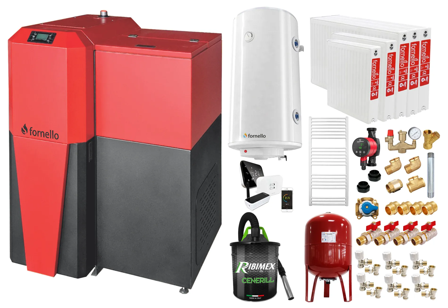 Pachet Centrala mixta Lemn/Pelet Fornello Tera 28 kW, calorifere otel, boiler, termostat, aspirator, pompa, vas expansiune, fitinguri, aprindere automanta la peleti, buncar peleti 95 kg, creuzet fonta, curatarea facila, pentru 180 mp