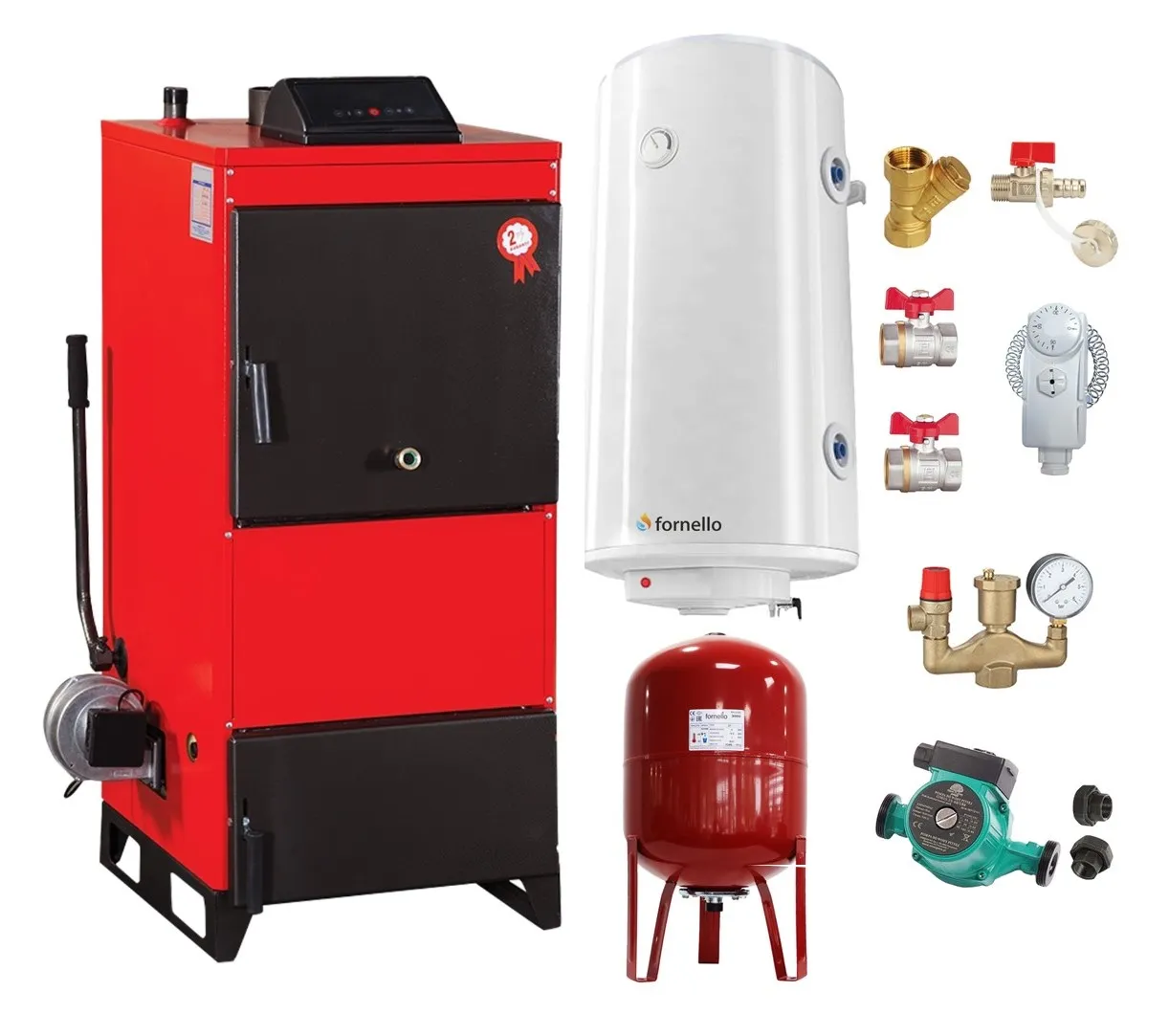 Pachet Centrala pe combustibil solid Fiama D2-25 Putere 29 kW, cu Ventilator si Automatizare, Boiler Termoelectric, Pompa, Vas Expansiune si Fitinguri