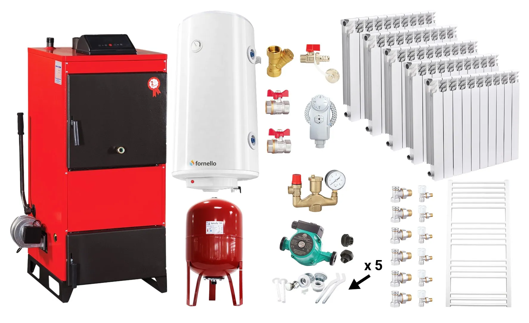 Pachet Centrala pe combustibil solid Fiama D2-25 Putere 29 kW, cu Ventilator si Automatizare, Calorifere aluminiu Fornello Alvo, Boiler Termoelectric, Pompa, Vas Expansiune si Fitinguri