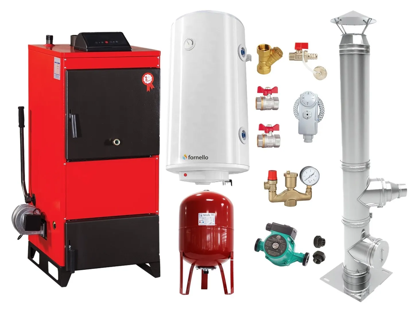 Pachet Centrala pe combustibil solid Fiama D2-25 Putere 29 kW, cu Ventilator si Automatizare, Cos inox, Boiler Termoelectric, Pompa, Vas Expansiune si Fitinguri