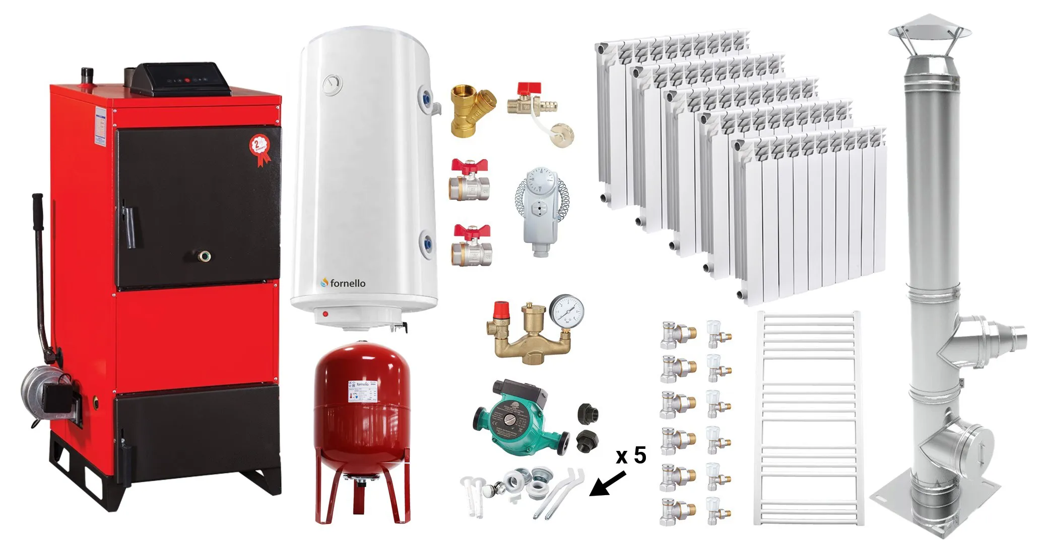 Pachet Centrala pe combustibil solid Fiama D2-25 Putere 29 kW, cu Ventilator si Automatizare, Cos inox, Calorifere aluminiu Fornello Alvo, Boiler Termoelectric, Pompa, Vas Expansiune si Fitinguri