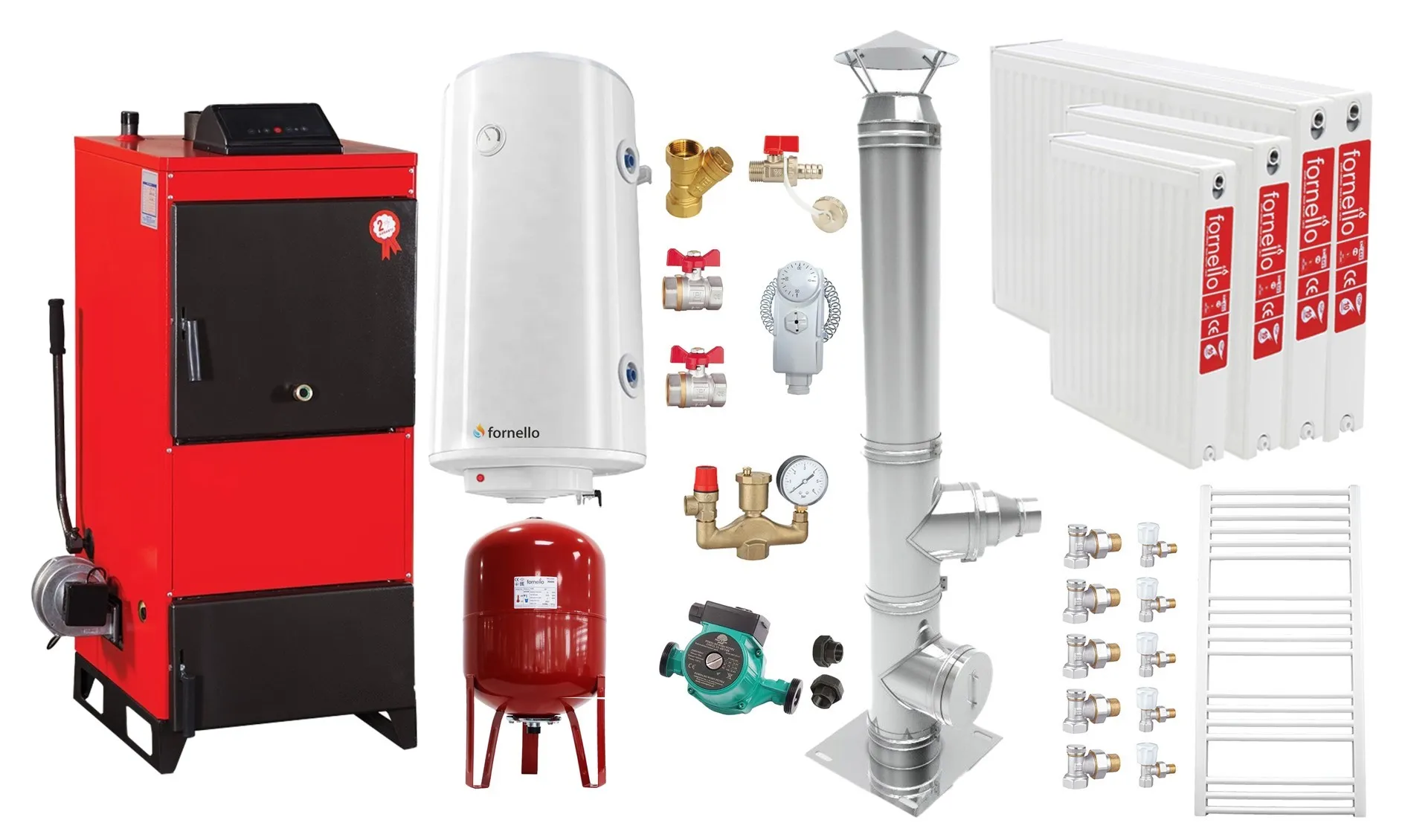 Pachet Centrala pe combustibil solid Fiama D2-25 Putere 29 kW, cu Ventilator si Automatizare, Cos inox, Radiatoare Otel, Boiler Termoelectric, Pompa, Vas Expansiune si Fitinguri