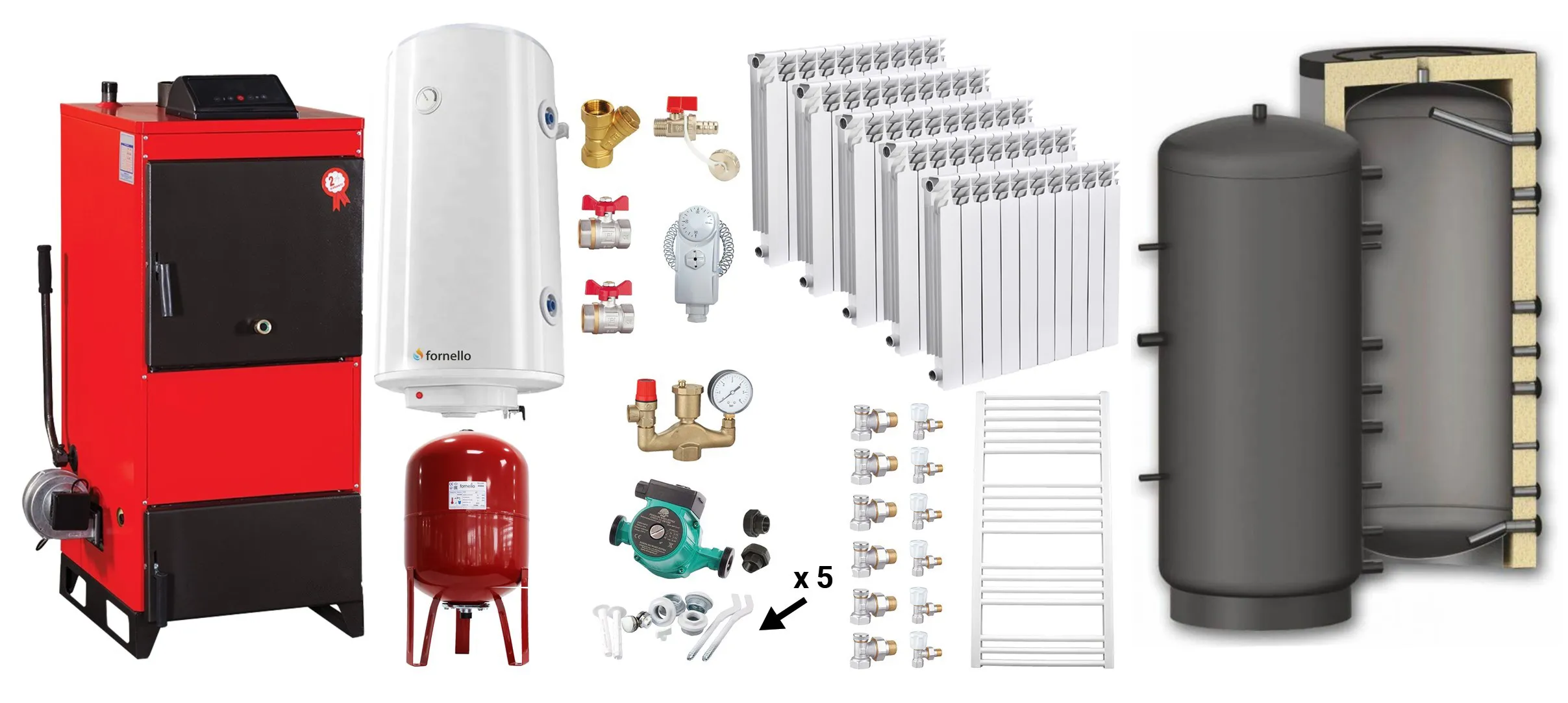 Pachet Centrala pe combustibil solid Fiama D2-25 Putere 29 kW, cu Ventilator si Automatizare, Puffer 800 litri, Calorifere aluminiu Fornello Alvo, Boiler Termoelectric, Pompa, Vas Expansiune si Fitinguri