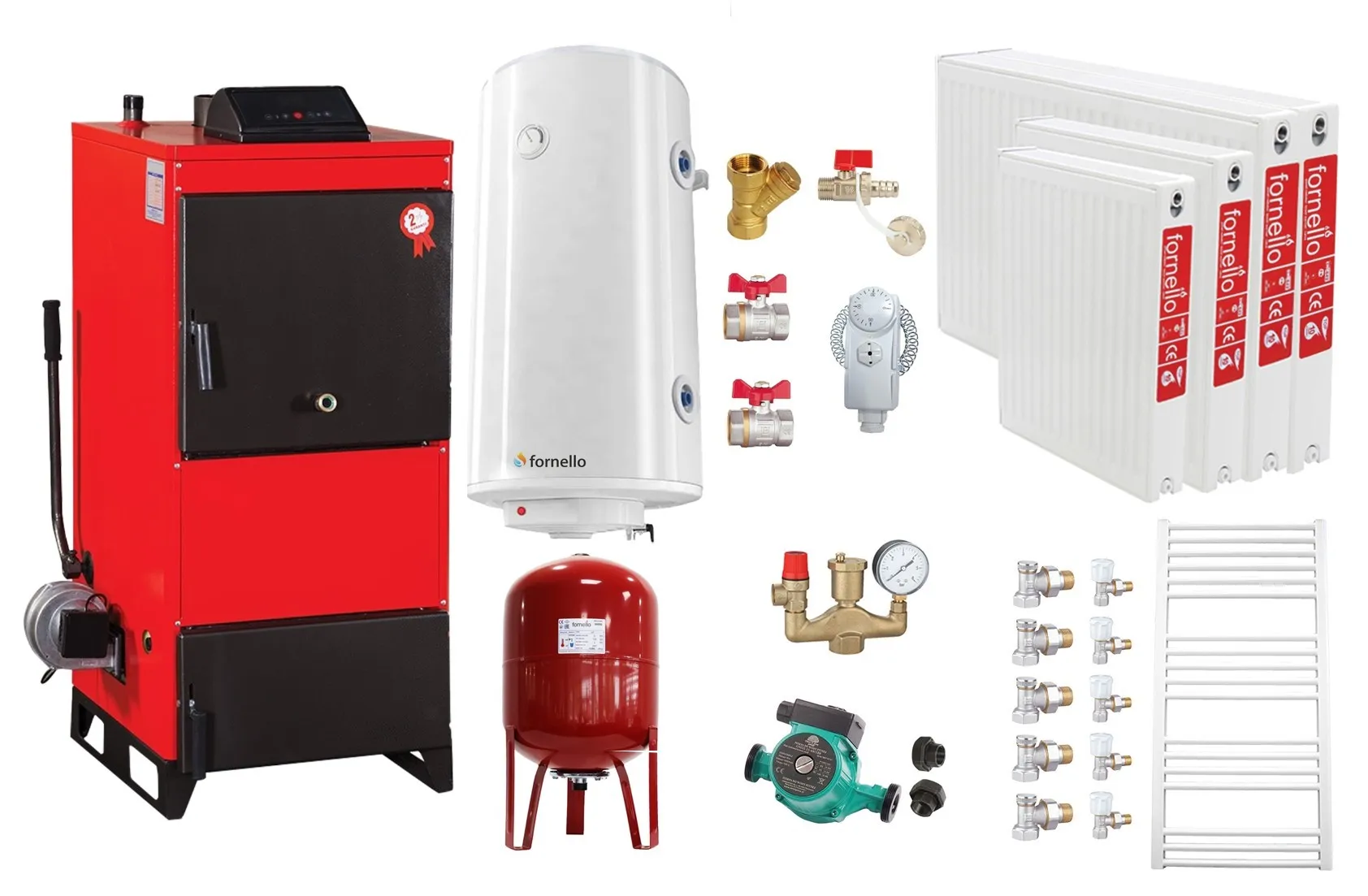 Pachet Centrala pe combustibil solid Fiama D2-25 Putere 29 kW, cu Ventilator si Automatizare, Radiatoare Otel, Boiler Termoelectric, Pompa, Vas Expansiune si Fitinguri