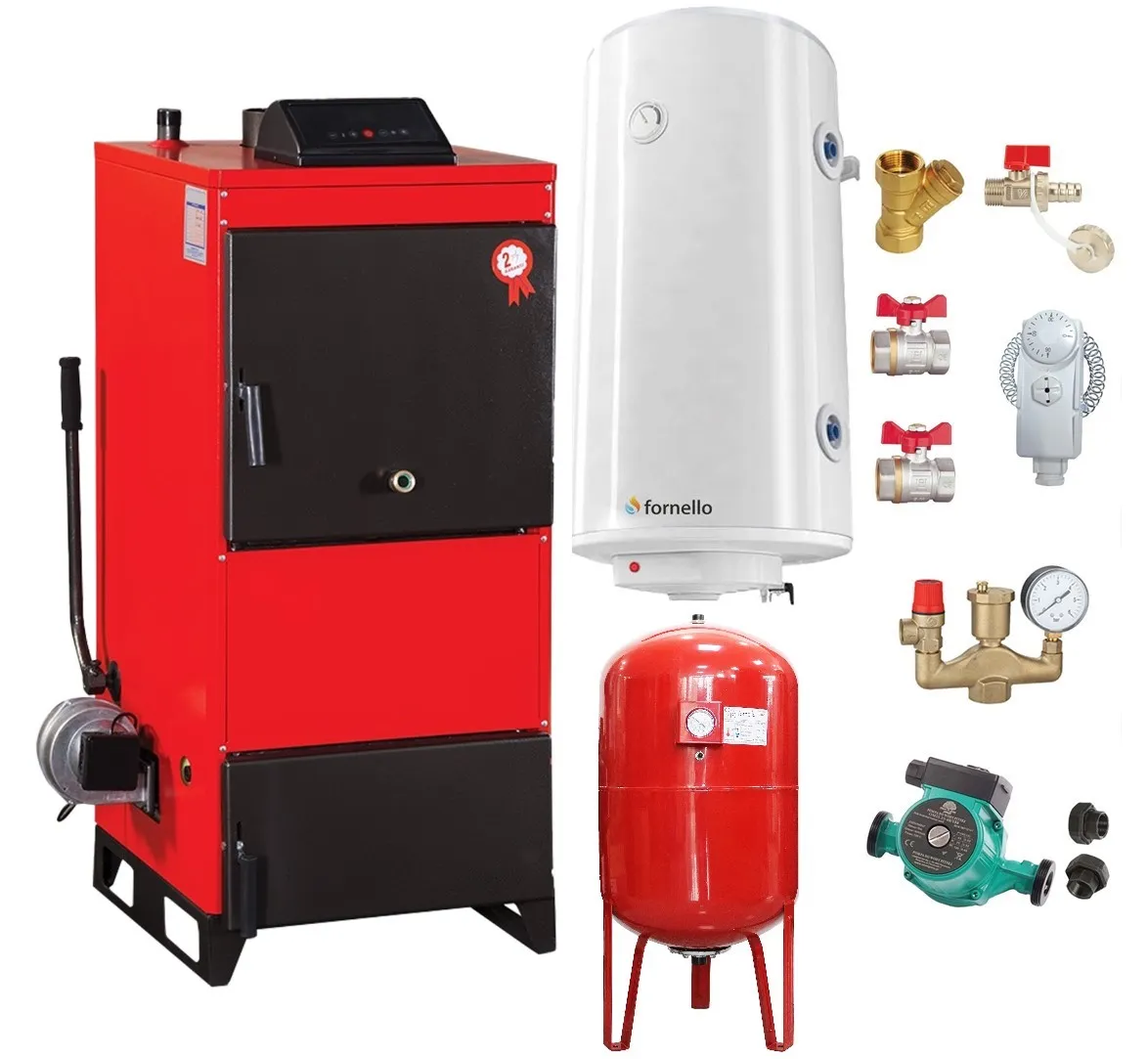 Pachet Centrala pe combustibil solid Fiama D2-40 Putere 46 kW, cu Ventilator si Automatizare, Boiler Termoelectric, Pompa, Vas Expansiune si Fitinguri