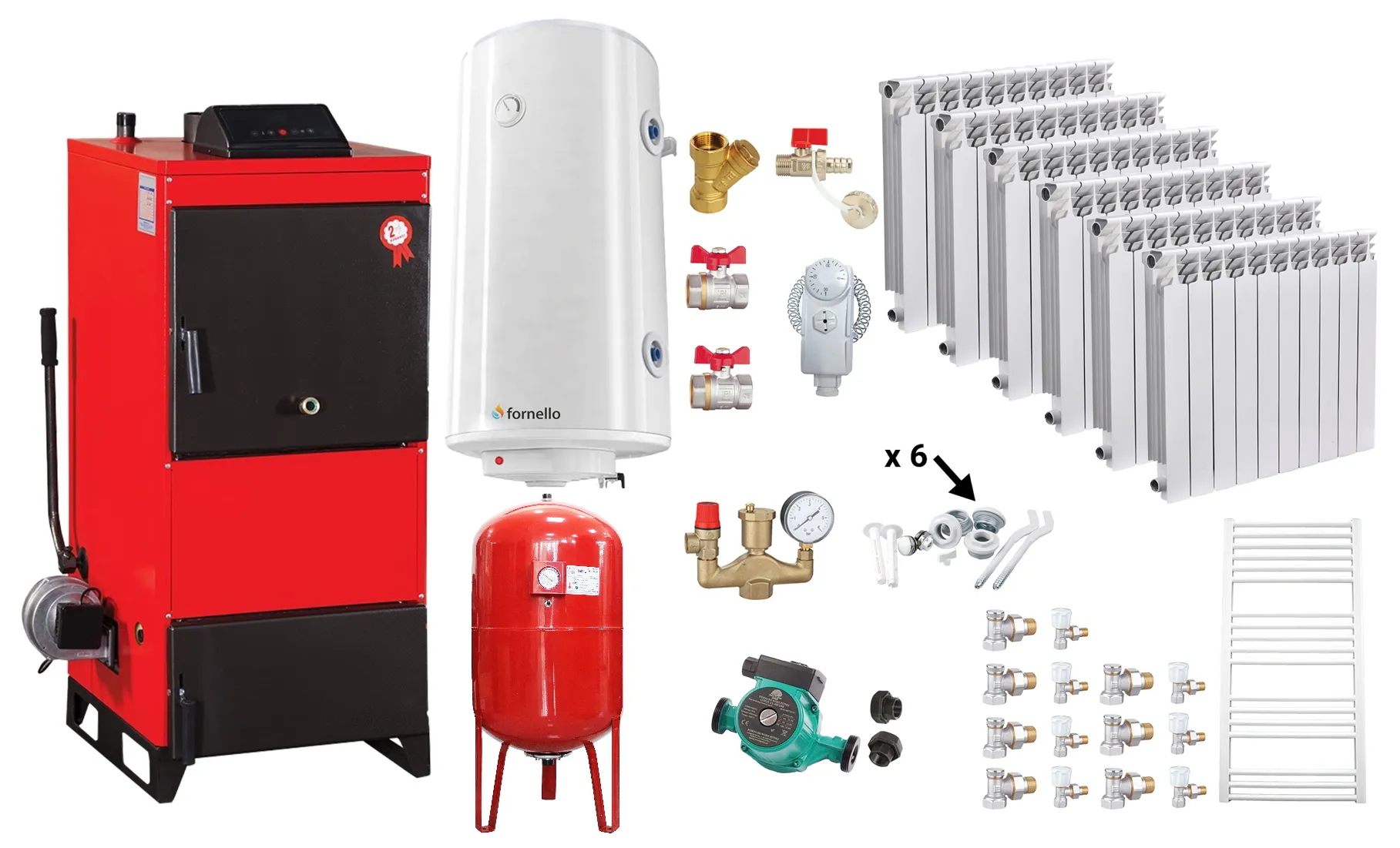 Pachet Centrala pe combustibil solid Fiama D2-40 Putere 46 kW, cu Ventilator si Automatizare, Calorifere Aluminiu Fornello Alvo, Boiler Termoelectric, Pompa, Vas Expansiune si Fitinguri