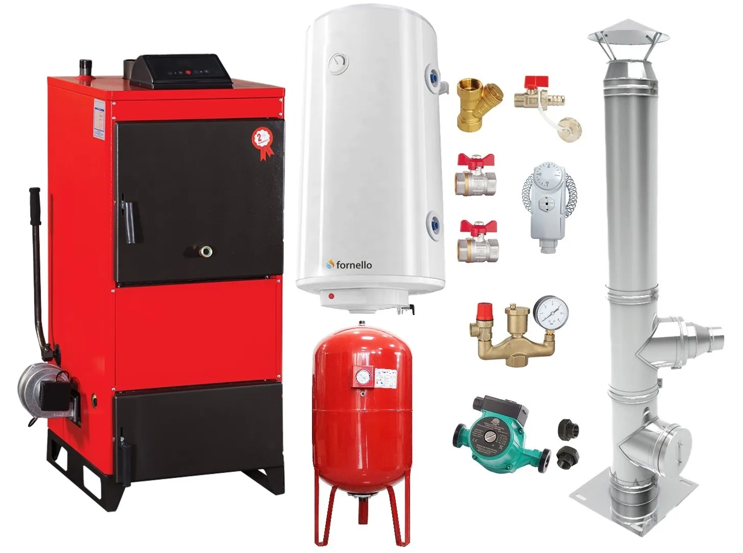 Pachet Centrala pe combustibil solid Fiama D2-40 Putere 46 kW, cu Ventilator si Automatizare, Cos inox, Boiler Termoelectric, Pompa, Vas Expansiune si Fitinguri