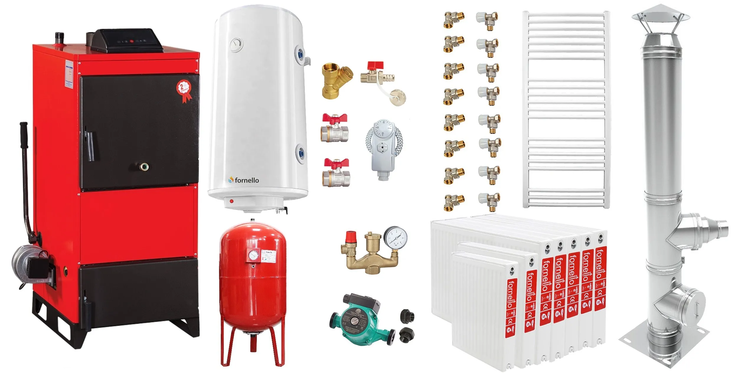 Pachet Centrala pe combustibil solid Fiama D2-40 Putere 46 kW, cu Ventilator si Automatizare, Cos inox, Radiatoare Otel, Boiler Termoelectric, Pompa, Vas Expansiune si Fitinguri