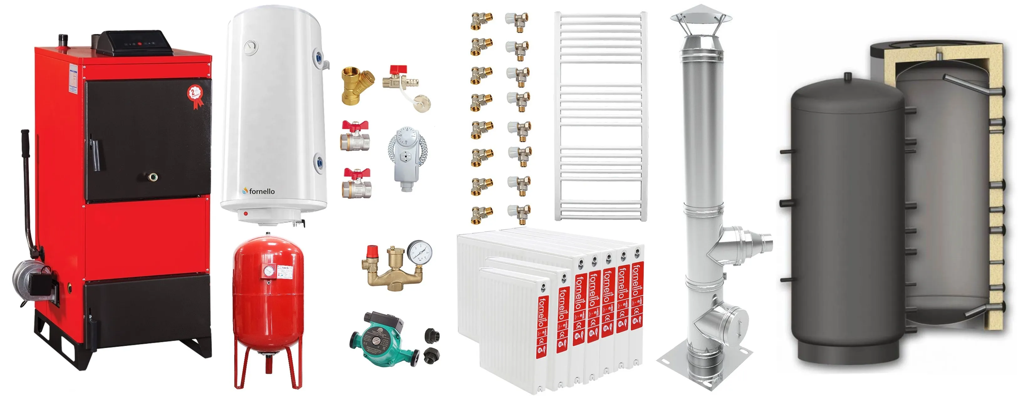 Pachet Centrala pe combustibil solid Fiama D2-40 Putere 46 kW, cu Ventilator si Automatizare, Puffer 1000 litri,  Cos inox, Radiatoare Otel, Boiler Termoelectric, Pompa, Vas Expansiune si Fitinguri