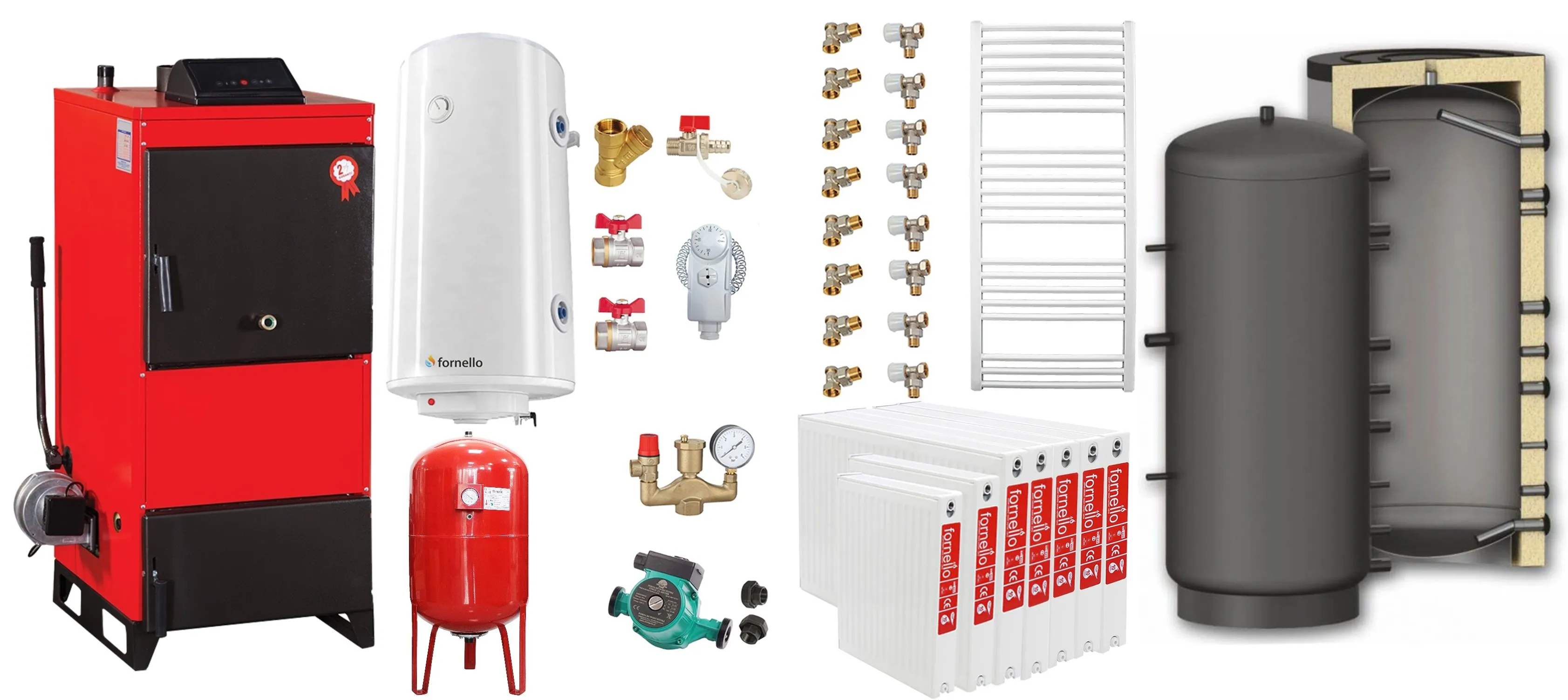 Pachet Centrala pe combustibil solid Fiama D2-40 Putere 46 kW, cu Ventilator si Automatizare, Puffer 1000 litri, Radiatoare Otel, Boiler Termoelectric, Pompa, Vas Expansiune si Fitinguri