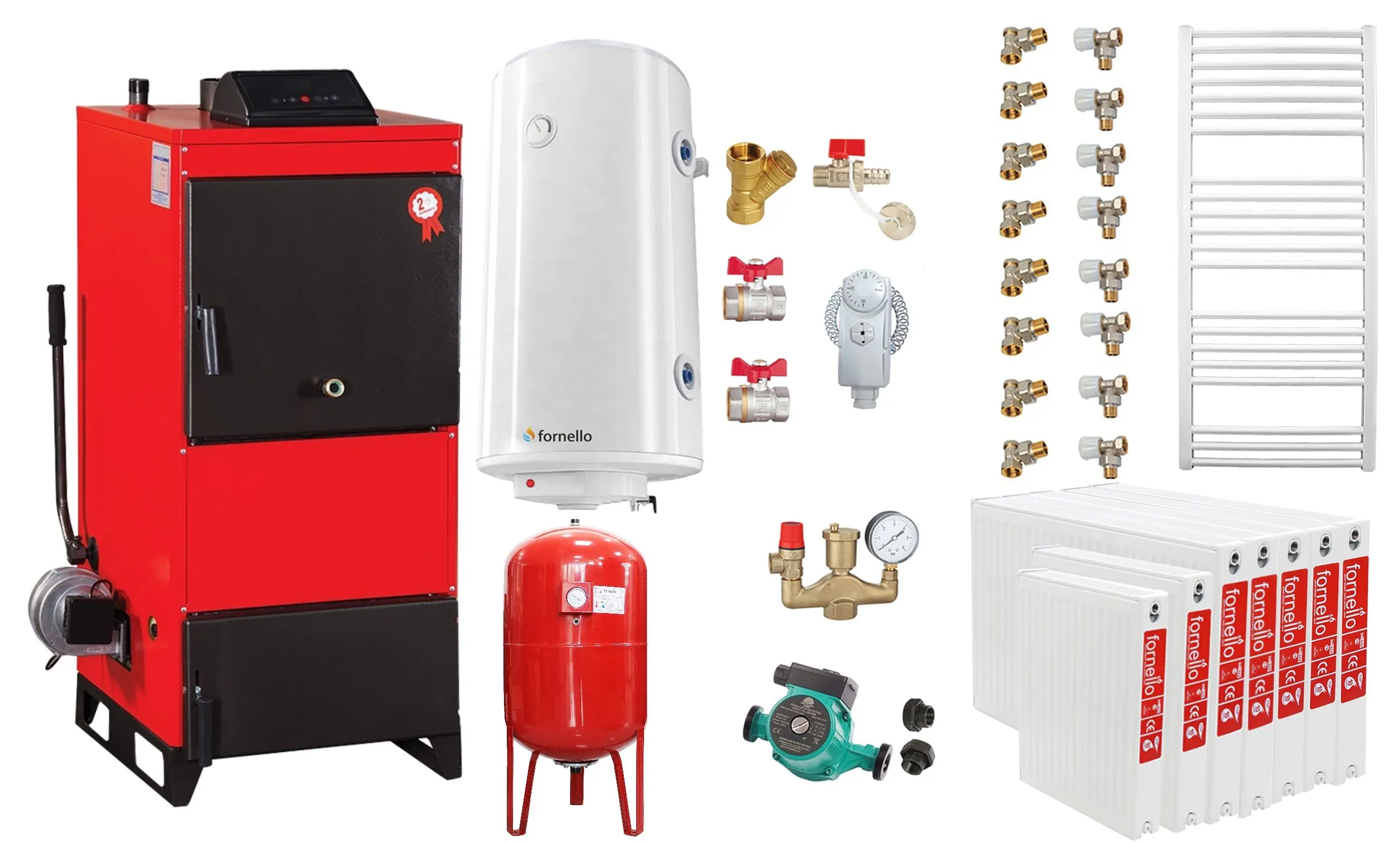 Pachet Centrala pe combustibil solid Fiama D2-40 Putere 46 kW, cu Ventilator si Automatizare, Radiatoare Otel, Boiler Termoelectric, Pompa, Vas Expansiune si Fitinguri