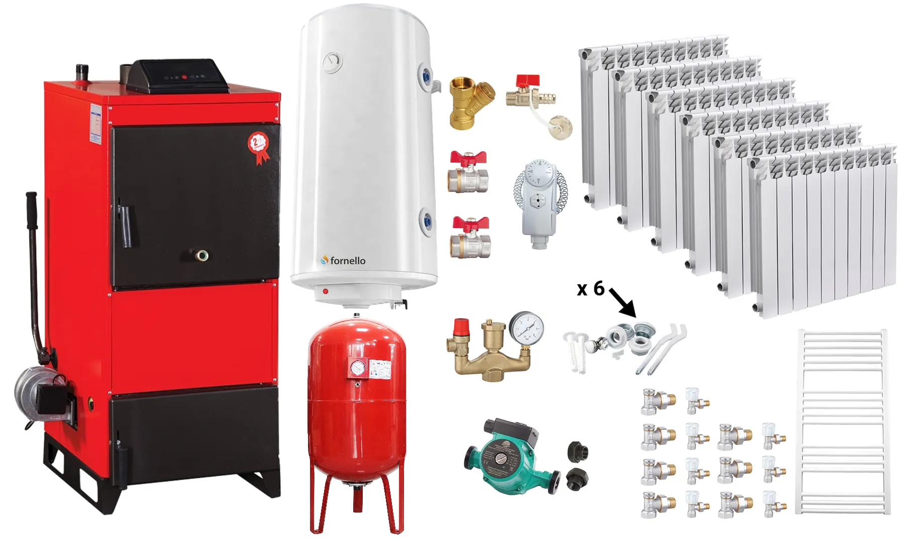 Pachet Centrala pe combustibil solid Fiama D2-60 Putere 70 kW, cu Ventilator si Automatizare, Calorifere aluminiu Fornello Alvo, Boiler Termoelectric, Pompa, Vas Expansiune si Fitinguri