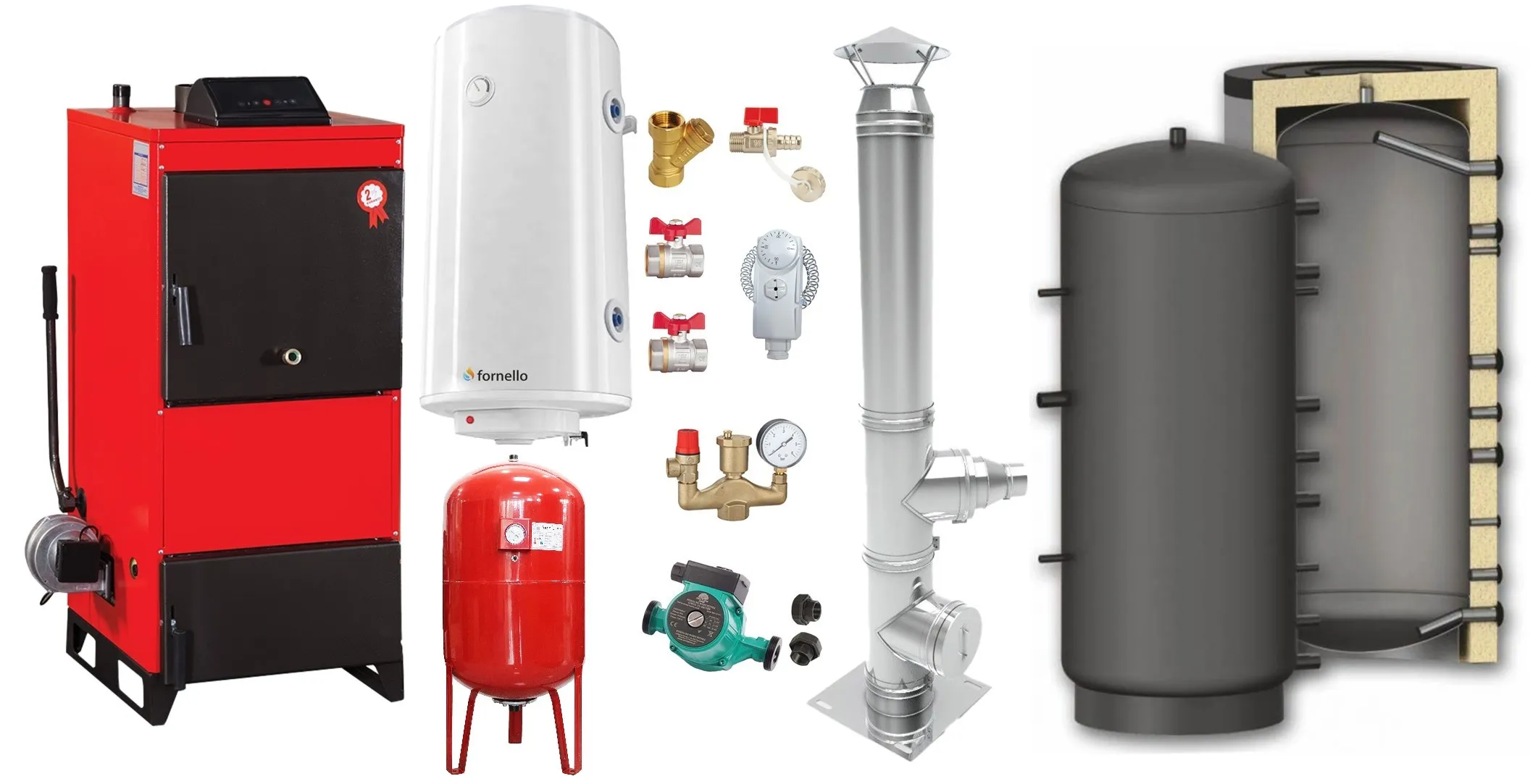 Pachet Centrala pe combustibil solid Fiama D2-60 Putere 70 kW, cu Ventilator si Automatizare, Puffer 1000 litri, Cos inox, Boiler Termoelectric, Pompa, Vas Expansiune si Fitinguri