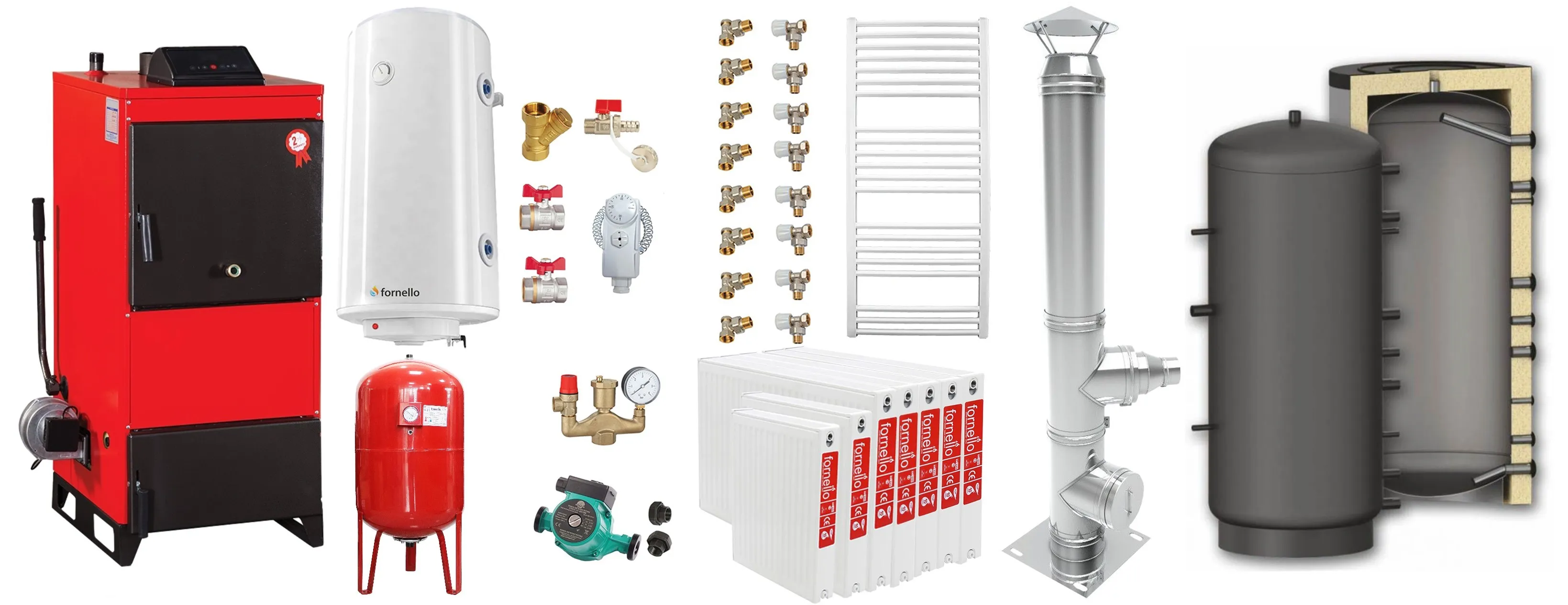 Pachet Centrala pe combustibil solid Fiama D2-60 Putere 70 kW, cu Ventilator si Automatizare, Puffer 1000 litri, Cos inox, Radiatoare Otel, Boiler Termoelectric, Pompa, Vas Expansiune si Fitinguri