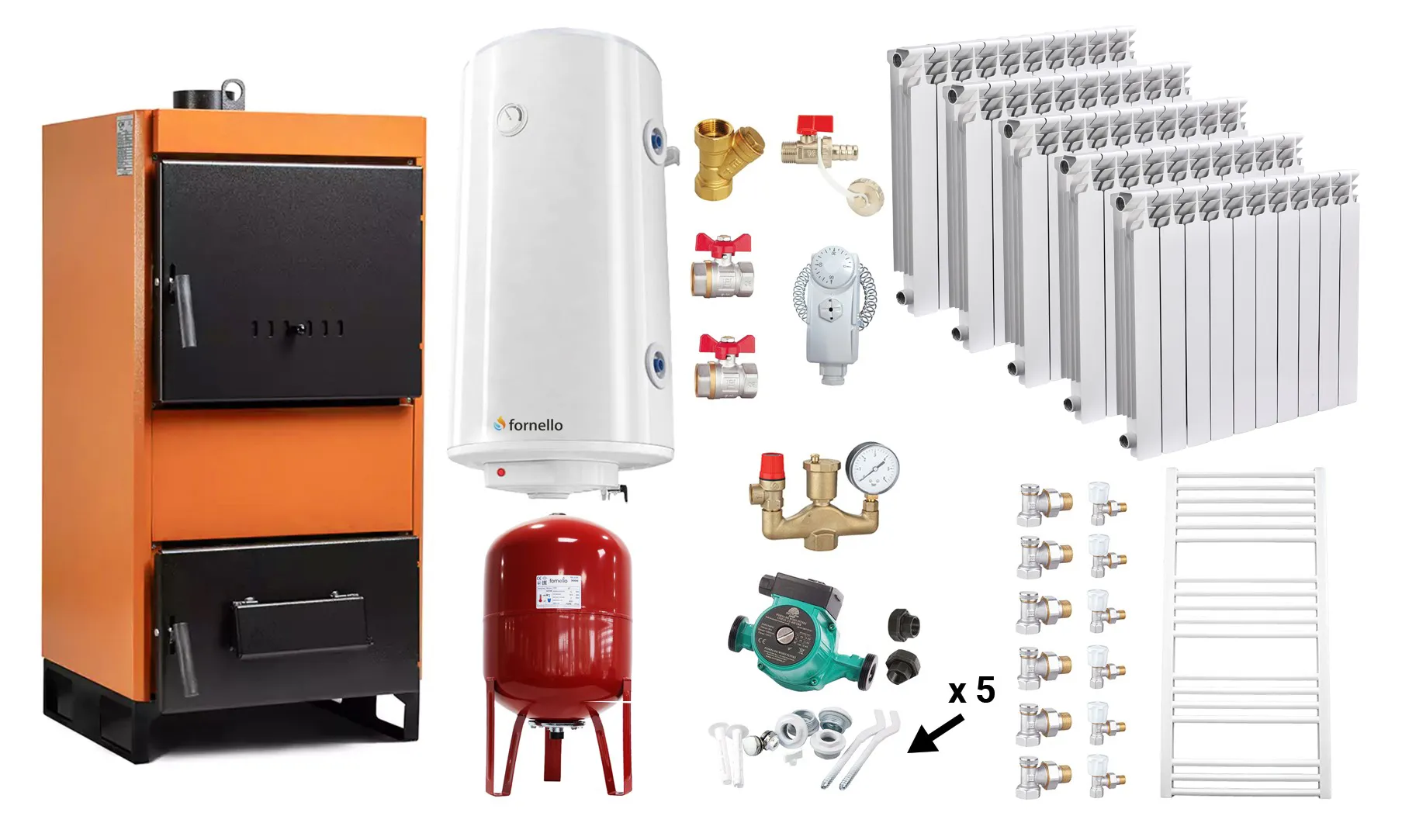 Pachet Centrala pe combustibil solid Fiama W 25 kW, Calorifere aluminiu Fornello Alvo, Boiler Termoelectric, Vas Expansune, Pompa si Fitinguri Montaj