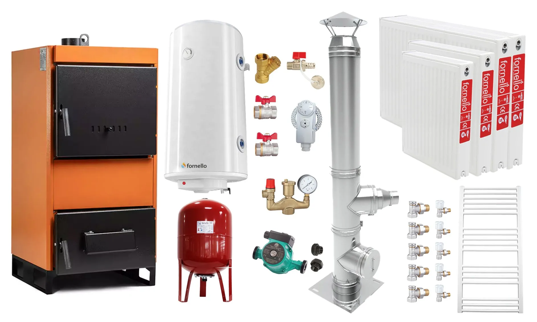 Pachet Centrala pe combustibil solid Fiama W 25 kW, Cos inox, Radiatoare Otel, Boiler Termoelectric, Vas Expansune, Pompa si Fitinguri Montaj