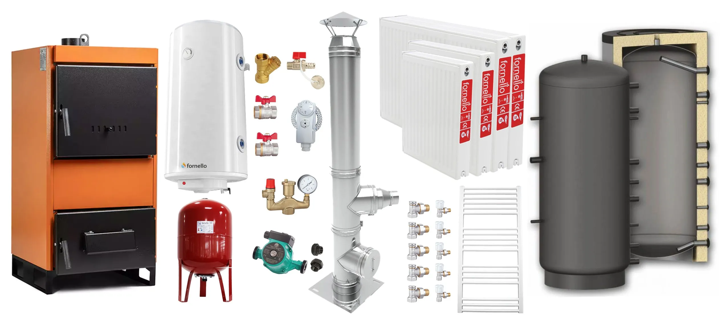 Pachet Centrala pe combustibil solid Fiama W 25 kW, Puffer 800 litri, Cos inox, Radiatoare Otel, Boiler Termoelectric, Vas Expansune, Pompa si Fitinguri Montaj