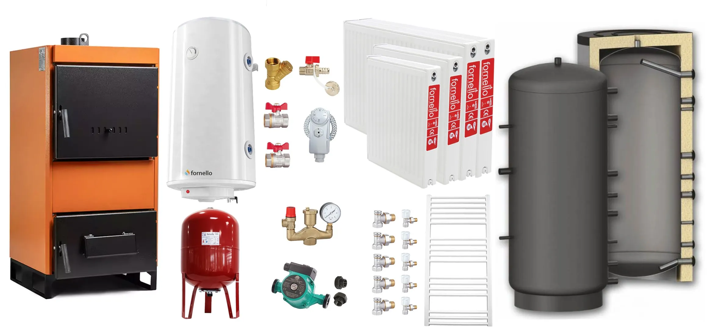 Pachet Centrala pe combustibil solid Fiama W 25 kW, Puffer 800 litri, Radiatoare Otel, Boiler Termoelectric, Vas Expansune, Pompa si Fitinguri Montaj