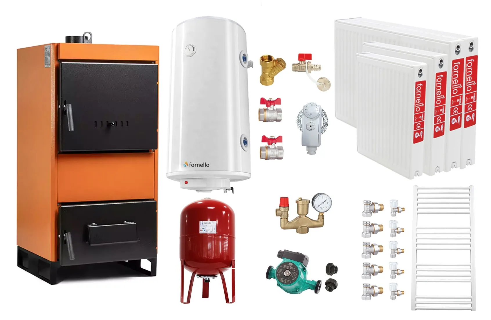 Pachet Centrala pe combustibil solid Fiama W 25 kW, Radiatoare Otel, Boiler Termoelectric, Vas Expansune, Pompa si Fitinguri Montaj