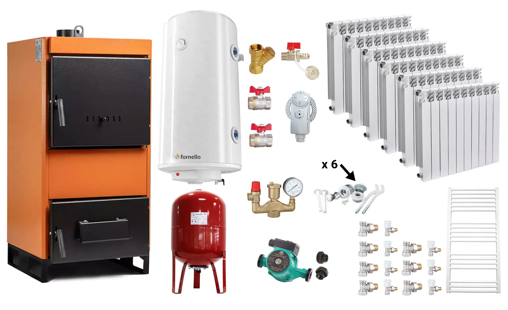 Pachet Centrala pe combustibil solid Fiama W 35 kW, Calorifere aluminiu Fornello Alvo, Boiler Termoelectric, Vas Expansune, Pompa si Fitinguri Montaj
