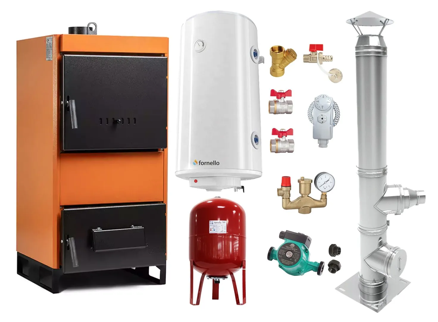 Pachet Centrala pe combustibil solid Fiama W 35 kW, Cos inox, Boiler Termoelectric, Vas Expansune, Pompa si Fitinguri Montaj