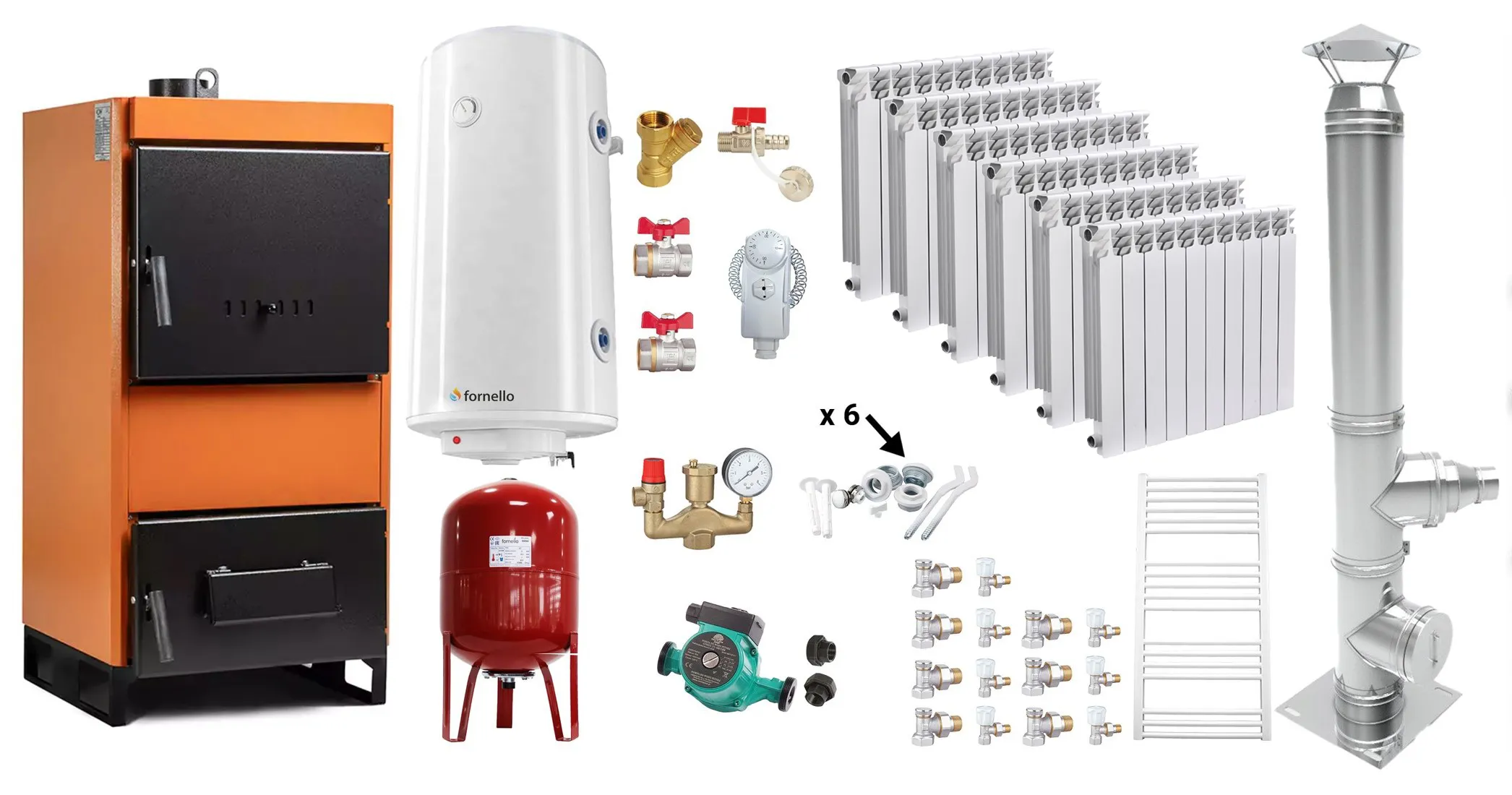 Pachet Centrala pe combustibil solid Fiama W 35 kW, Cos inox, Calorifere aluminiu Fornello Alvo, Boiler Termoelectric, Vas Expansune, Pompa si Fitinguri Montaj