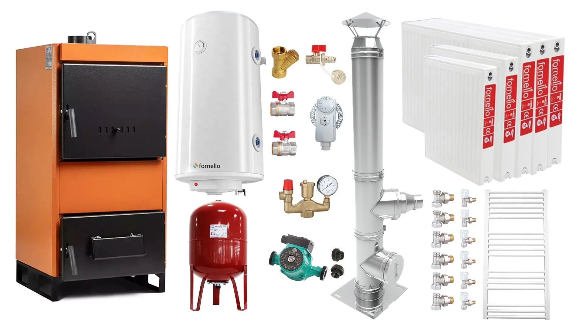 Pachet Centrala pe combustibil solid Fiama W 35 kW, Cos inox, Radiatoare Otel, Boiler Termoelectric, Vas Expansune, Pompa si Fitinguri Montaj
