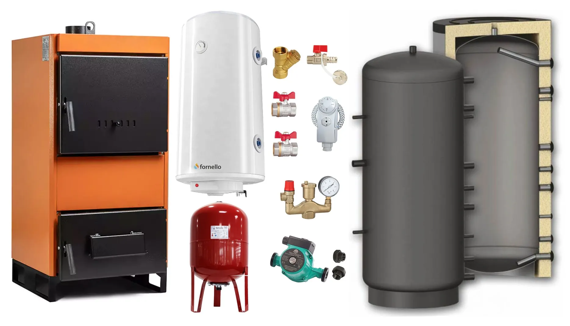 Pachet Centrala pe combustibil solid Fiama W 35 kW, Puffer 1000 litri, Boiler Termoelectric, Vas Expansune, Pompa si Fitinguri Montaj