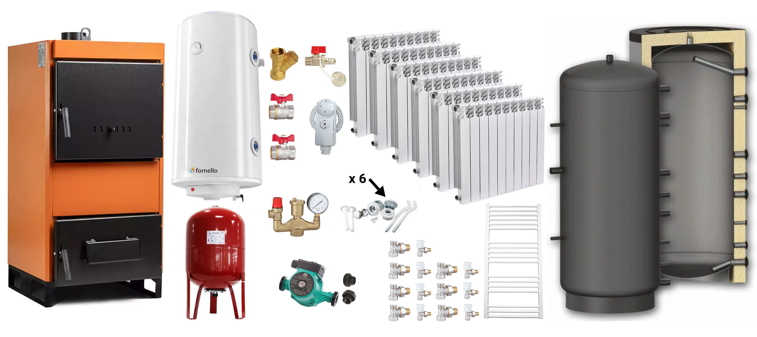 Pachet Centrala pe combustibil solid Fiama W 35 kW, Puffer 1000 litri, Calorifere aluminiu Fornello Alvo, Boiler Termoelectric, Vas Expansune, Pompa si Fitinguri Montaj
