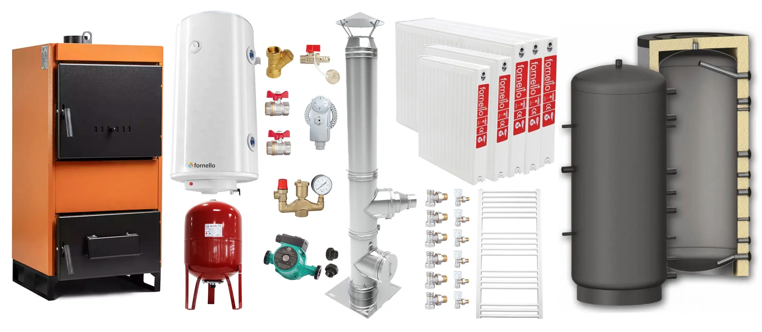 Pachet Centrala pe combustibil solid Fiama W 35 kW, Puffer 1000 litri, Cos inox, Radiatoare Otel, Boiler Termoelectric, Vas Expansune, Pompa si Fitinguri Montaj