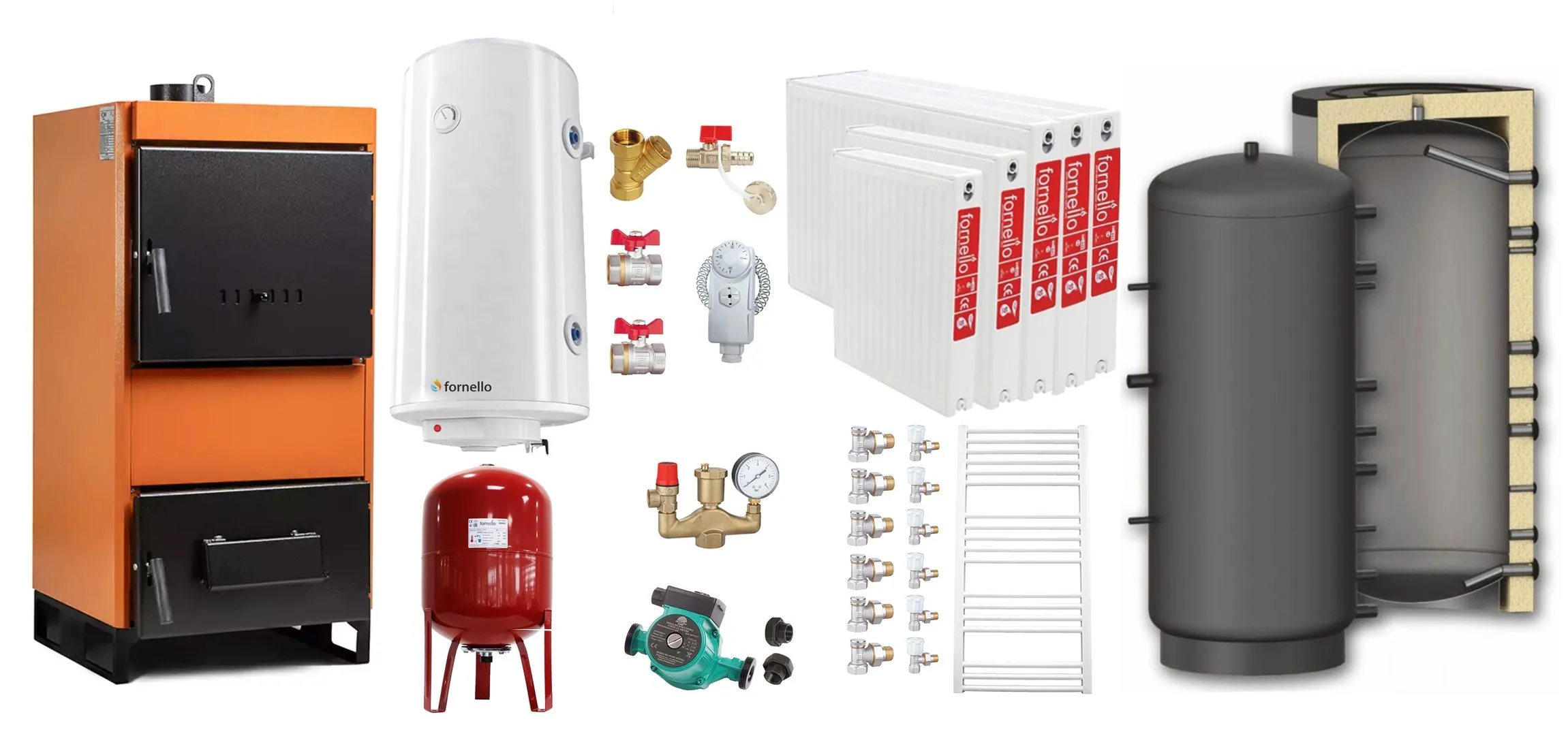 Pachet Centrala pe combustibil solid Fiama W 35 kW, Puffer 1000 litri, Radiatoare Otel, Boiler Termoelectric, Vas Expansune, Pompa si Fitinguri Montaj