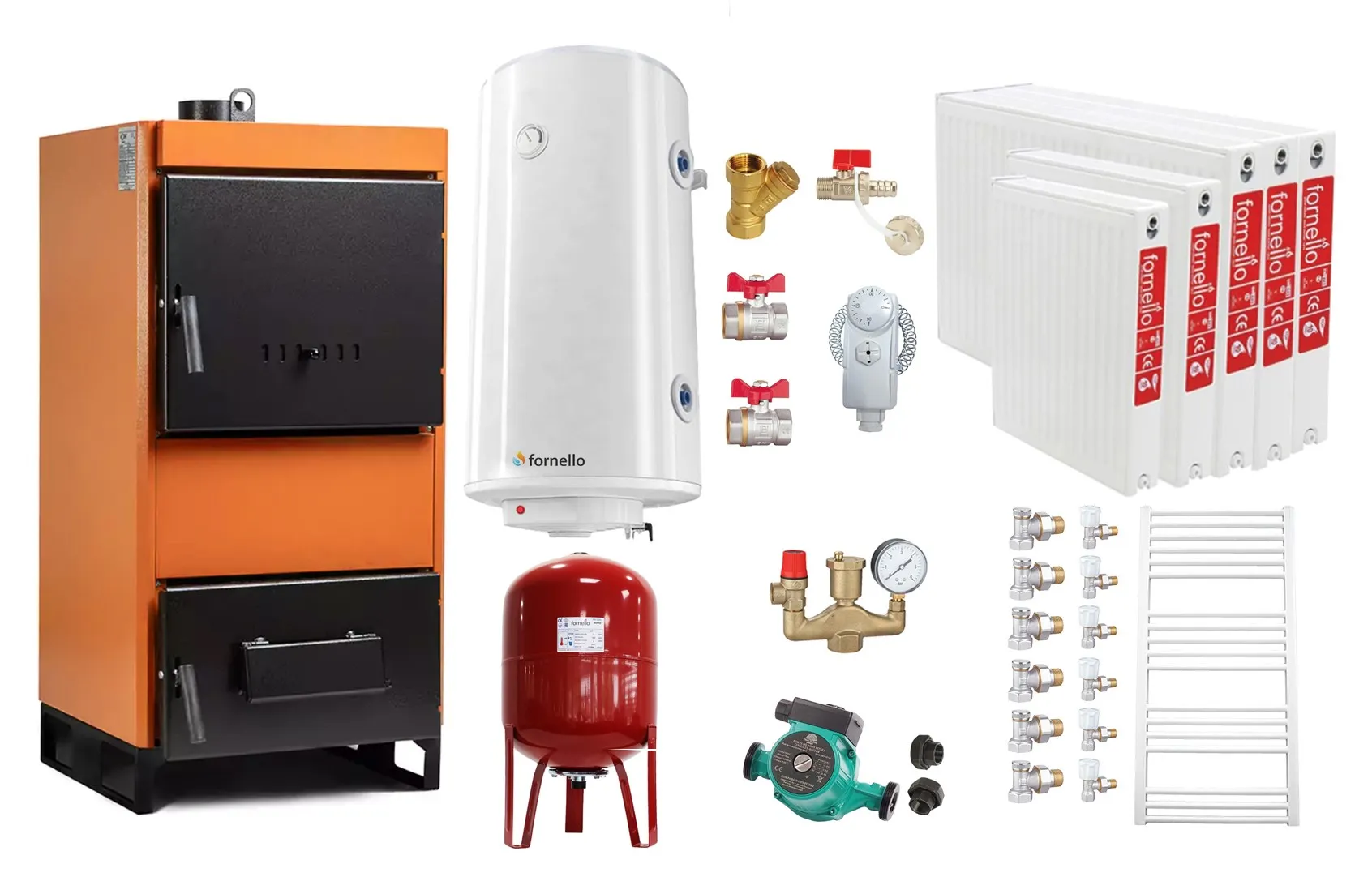 Pachet Centrala pe combustibil solid Fiama W 35 kW, Radiatoare Otel, Boiler Termoelectric, Vas Expansune, Pompa si Fitinguri Montaj