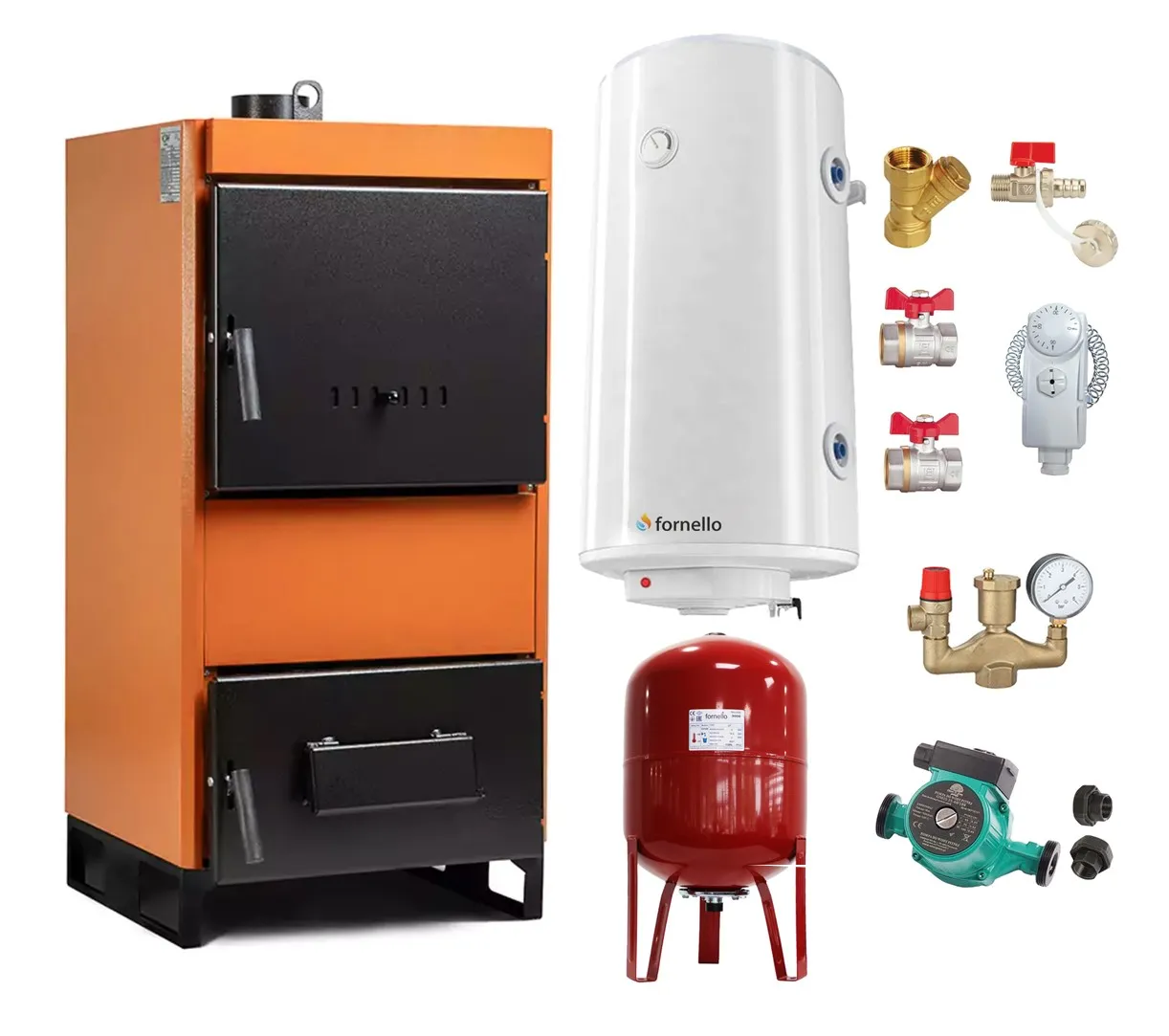 Pachet Centrala pe combustibil solid Fiama W 45 kW, Boiler Termoelectric, Vas Expansune, Pompa si Fitinguri Montaj