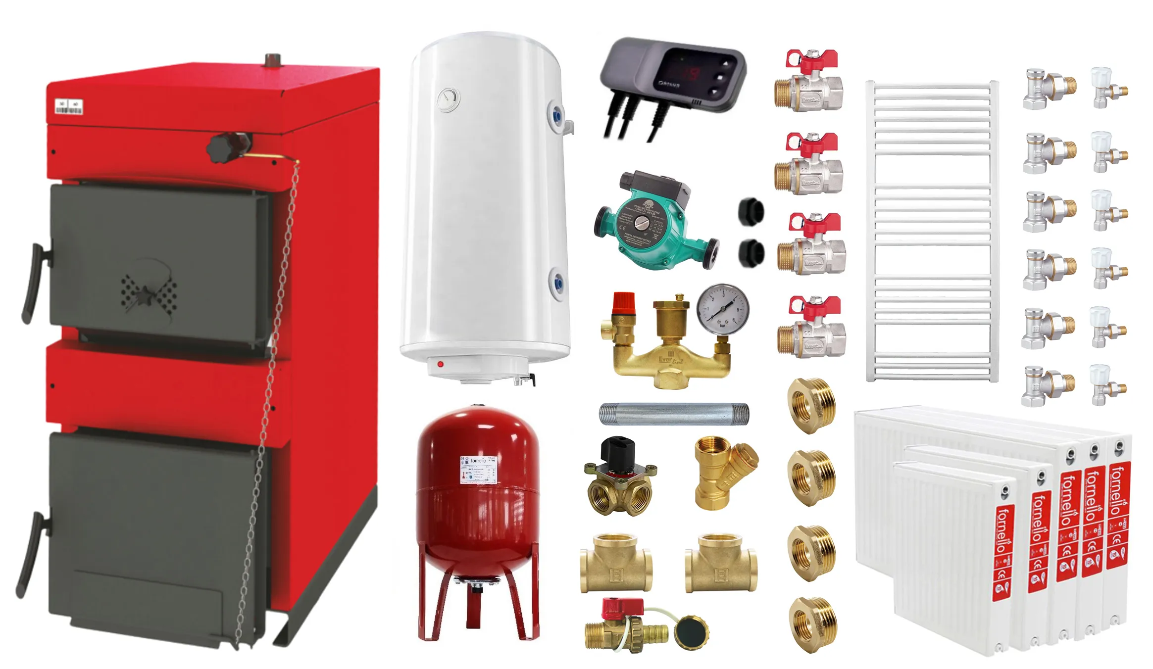Pachet Centrala pe combustibil solid ​Sunsystem Burnit NWB 25 kW, calorifere, boiler termoelectric, vas expansiune, pompa circulare, controller pompa, fitinguri montaj
